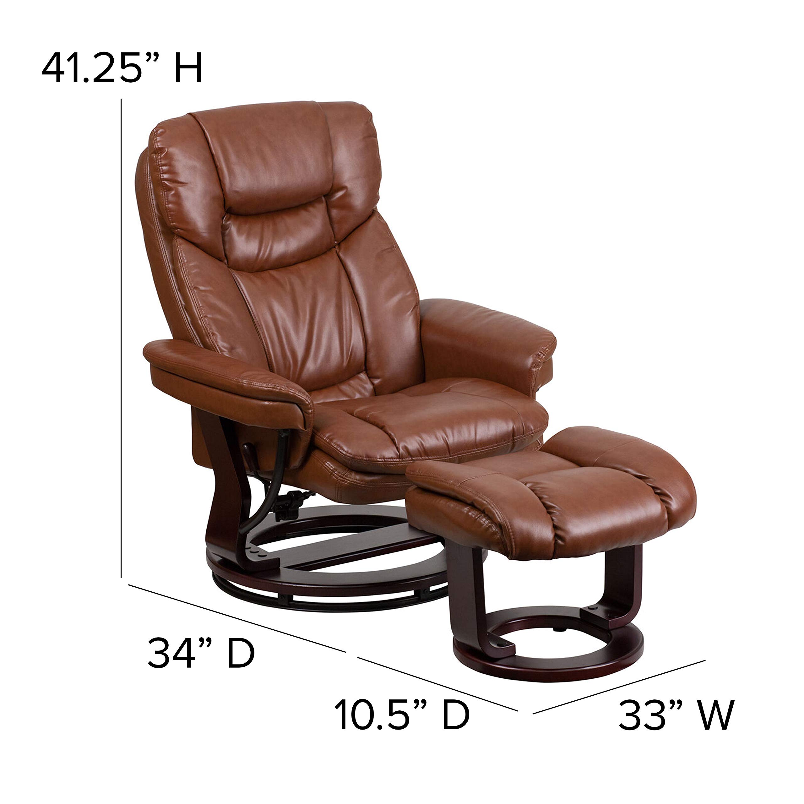 EMMA + OLIVER Multi-Position Recliner Chair with Curved Ottoman - Swivel Wood Base in Vintage LeatherSoft - Perfect for Living Room, Home Theater & Office Relaxation