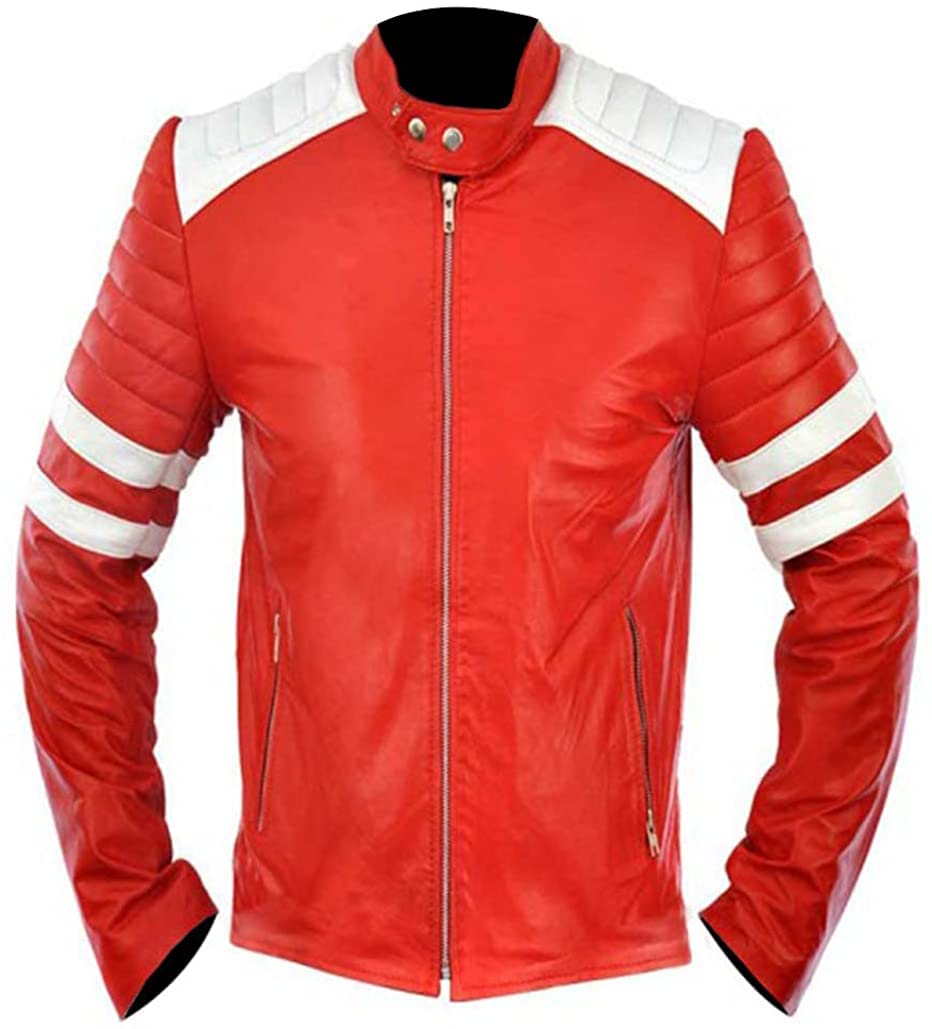 Men's Red & White Tyler Durden Biker Club Faux Leather Jacket - Stylish Motorcycle Outerwear for Casual Wear & Costume Parties