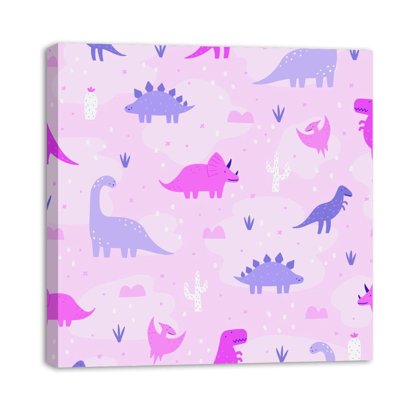 Pastel Pink and Purple Dinosaur Framed Canvas Wall Art - Oil Painting Style Poster for Living Room, Bedroom, Bathroom & Office Decor - Perfect for Kids Room, Nursery & Dinosaur Themed Home Decoration