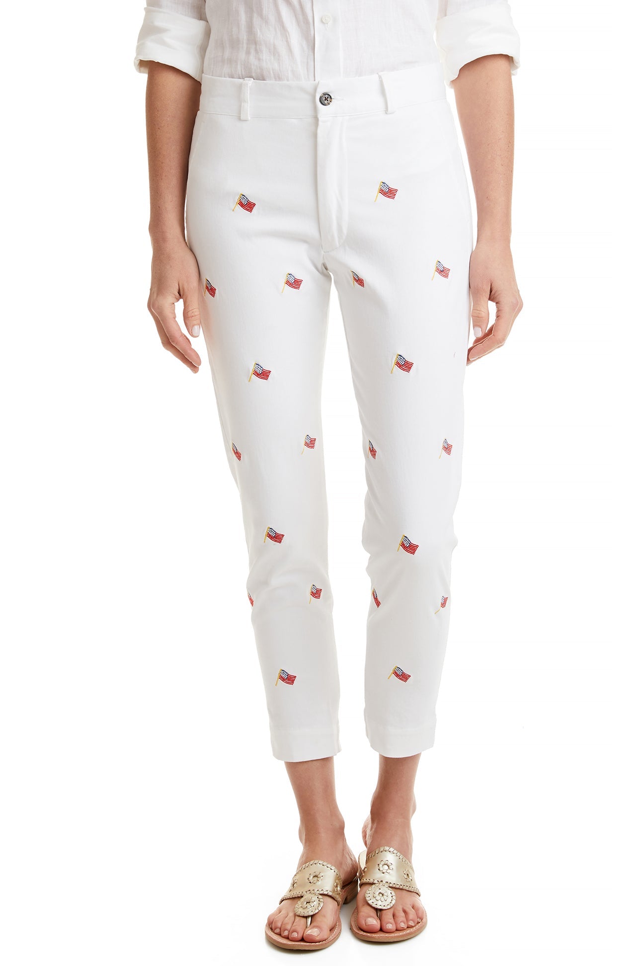 Ankle Capri Stretch Twill White Pants with USA Flag - Comfortable Casual Wear for Women, Perfect for 4th of July Celebrations & Patriotic Events
