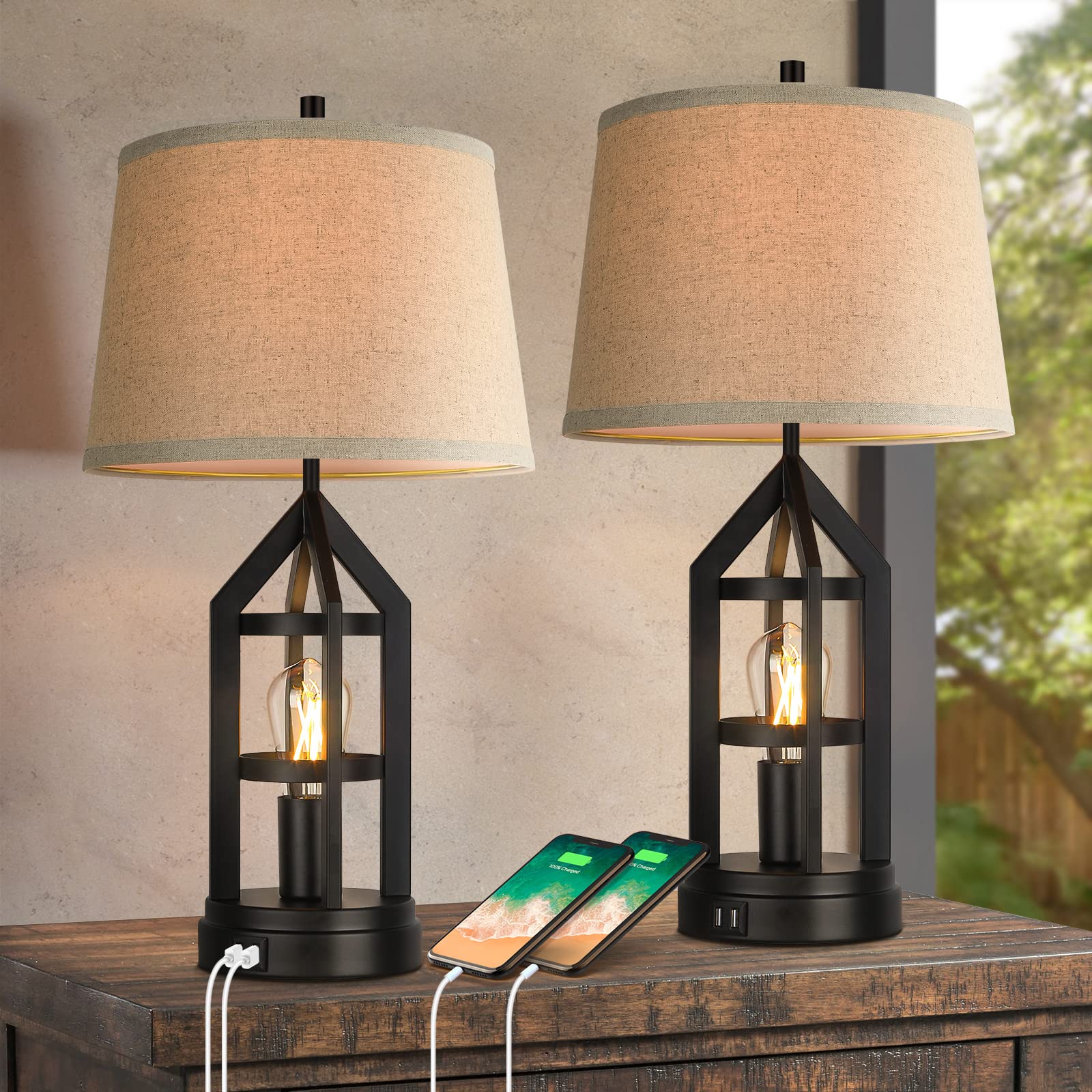 Farmhouse Table Lamps Set of 2 - 3-Way Dimmable Touch Control Nightstand Lamps with USB Charging Ports, Rustic Bedroom Reading Lamps for Living Room & Bedside, Includes 4 LED Bulbs - Perfect for Cozy Home Decor, Late-Night Reading, and Modern USB Charging Needs