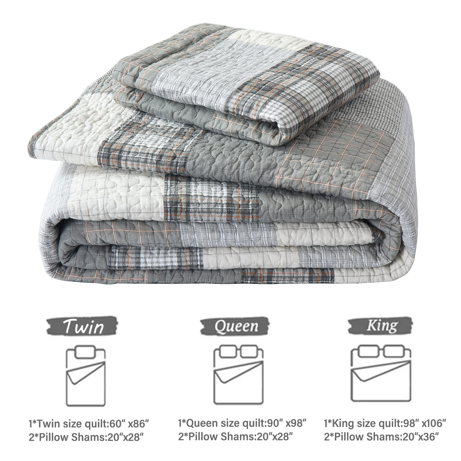 Y-PLWOMEN 100% Cotton Queen Size Quilt Set - Lightweight Reversible Farmhouse Plaid Bedspread (3-Piece) | Grey All-Season Quilted Bedding for Cozy Home Decor | Perfect for Master Bedroom, Guest Room & Farmhouse Style