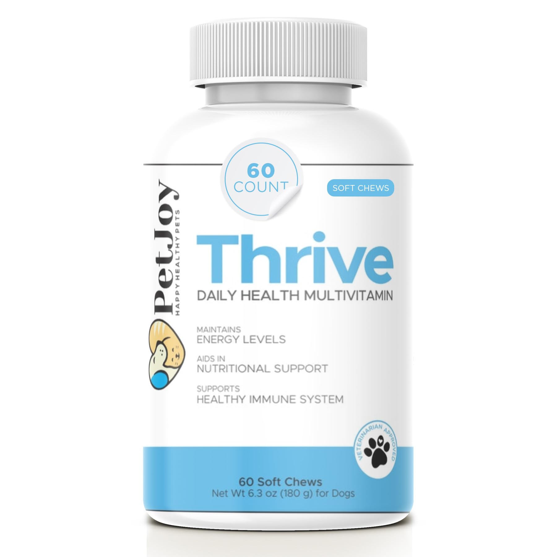 PetJoy Thrive Dog Multivitamin Soft Chews - Daily Supplement for Energy, Skin & Coat Health, Strong Bones & Teeth - Complete Multivitamin for Dogs & Pets (60 Count) - Perfect for Active Dogs & Senior Pets