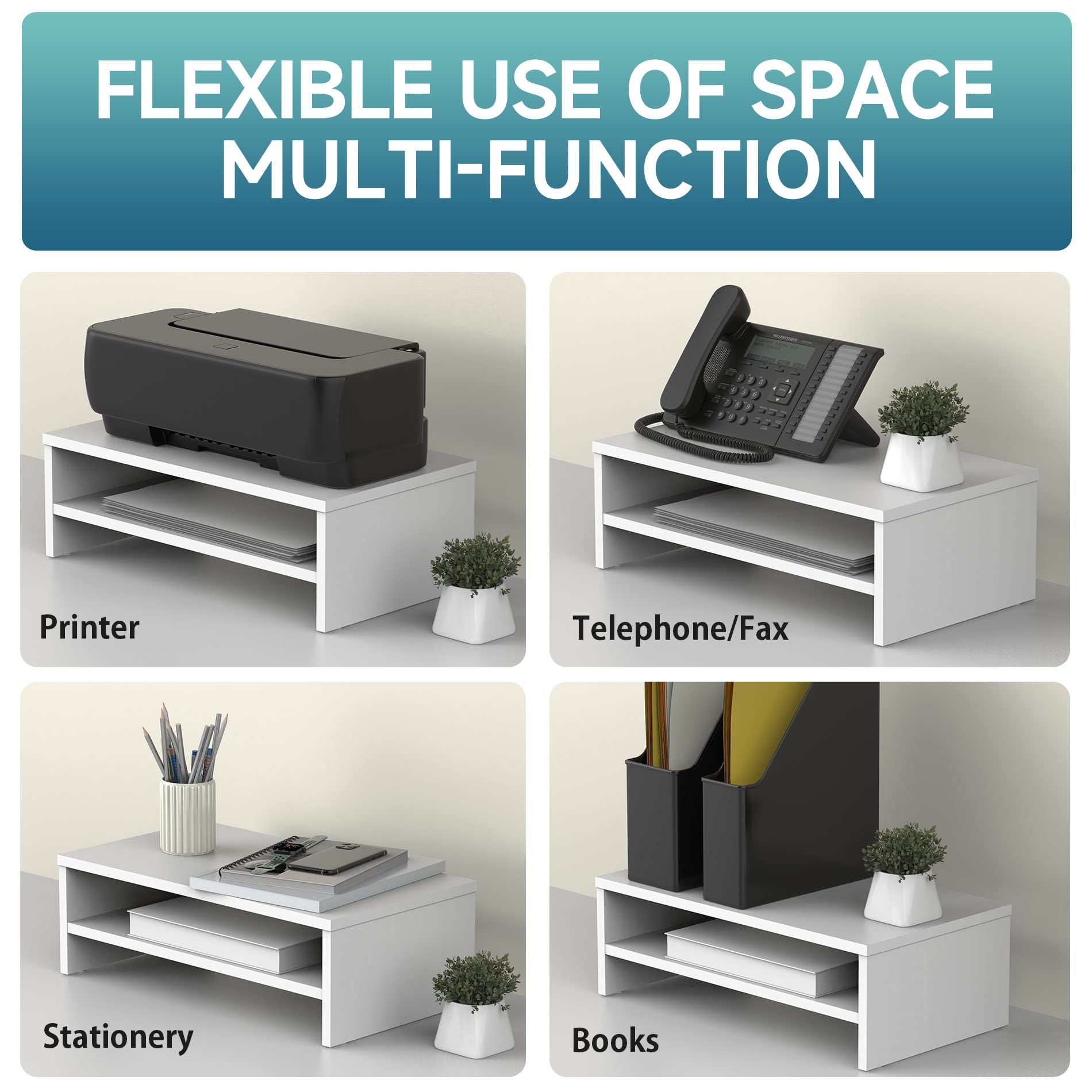 FITUEYES 16.7 Inch 2-Tier Wooden Monitor Stand Riser with Storage Shelf - White Computer Desk Organizer for Laptop, Home Office Supplies (DT204205WW) | Perfect for Workspace Organization & Ergonomic Setup