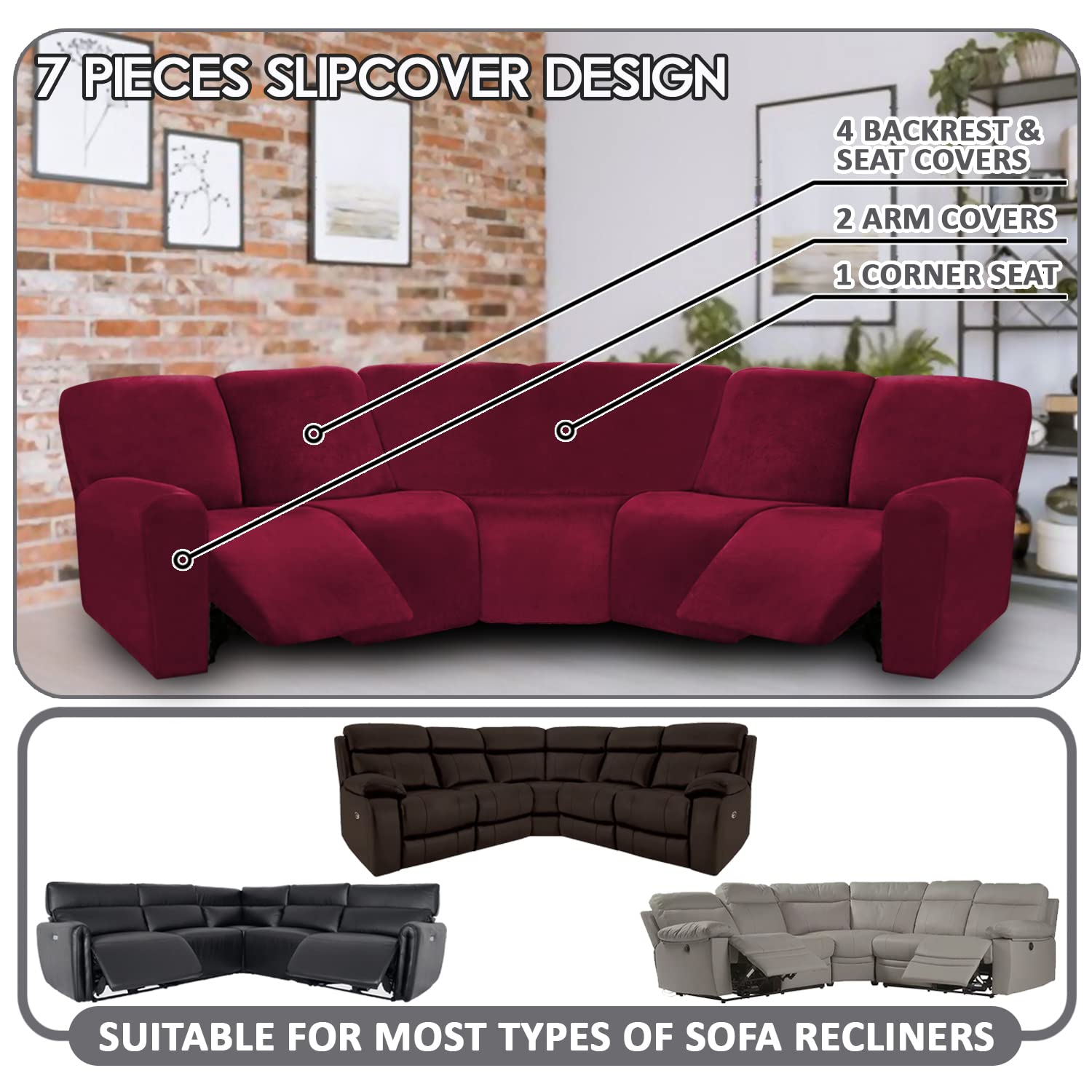 Ultimate 7-Piece L-Shaped Sectional Recliner Sofa Cover - Velvet Stretch Reclining Couch Cover for L-Shaped Sofas - Thick, Soft & Washable (Burgundy/Wine) - Perfect for Living Room, Home Theater & Family Gatherings