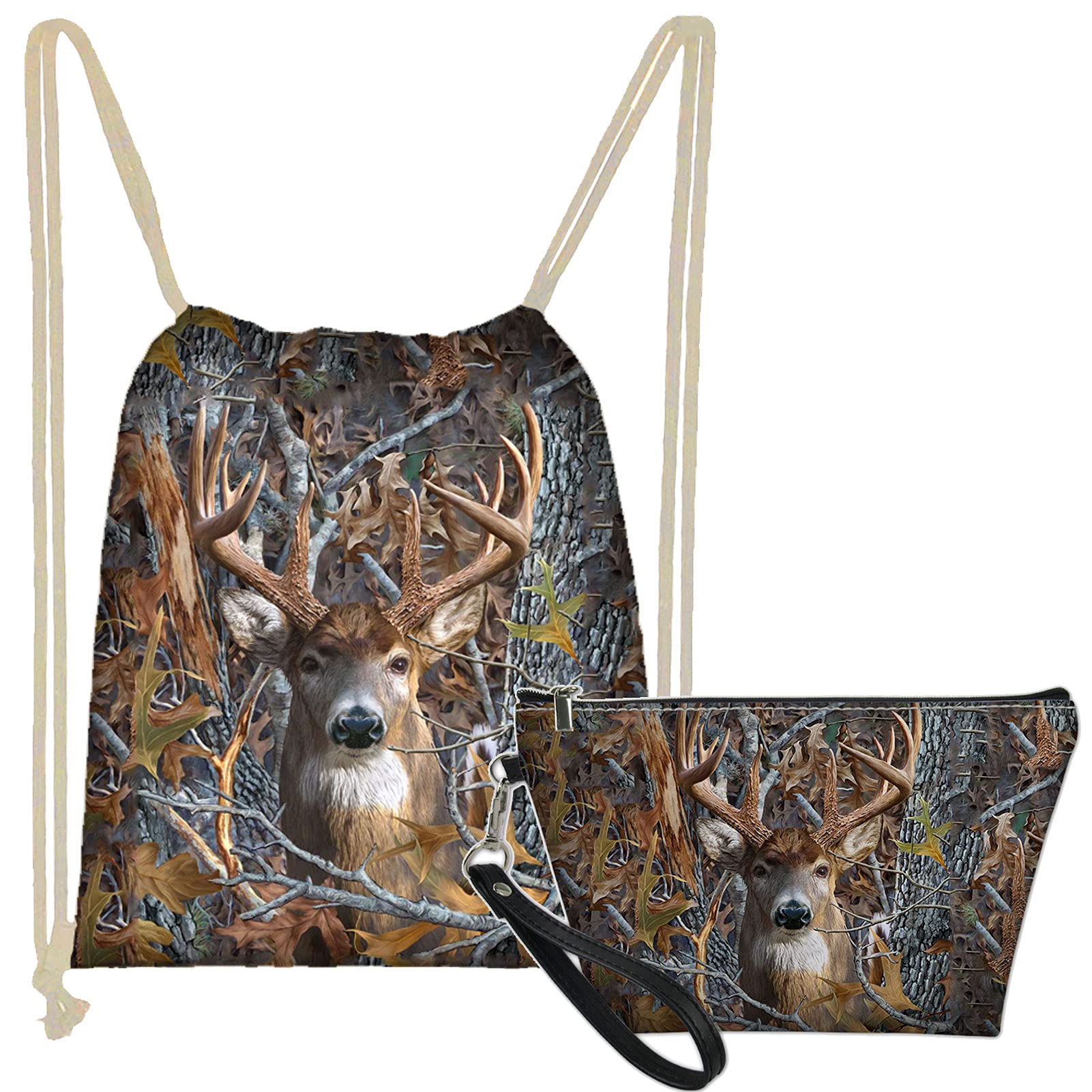 WELLFLYHOM Camo Deer Drawstring Backpack - 2 Pack Gym Bag Set with Small Makeup Pouch for Women & Kids | Perfect for Workout, Sports, Travel & Toiletries Storage