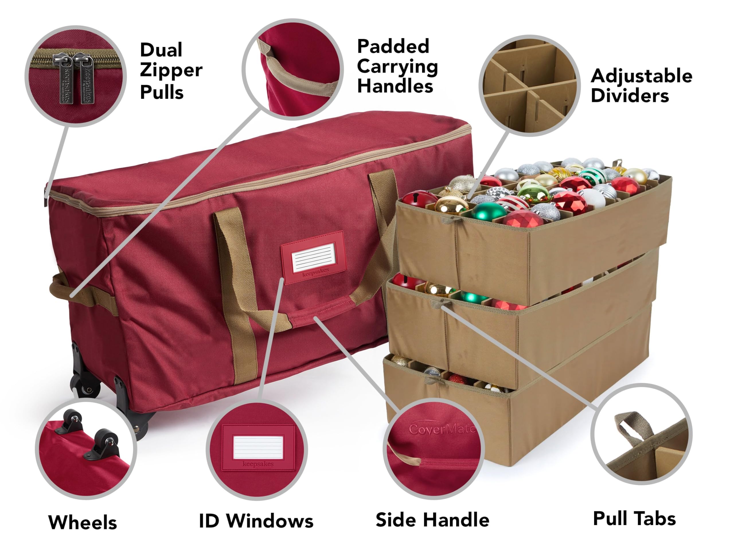 Covermates Keepsakes Rolling Adjustable Ornament Storage Bag with Carrying Handles - Padded Protection & Dual Wheels for Christmas Decorations - Holiday Organizer for Tree Ornaments, Wreaths & Seasonal Decor (Red)