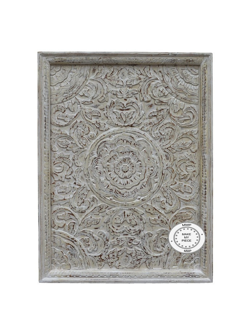 Hand Carved Indian Wooden Panel Bedhead - Whitewash Finish | Vintage Boho Bedroom Decor for Master & Guest Rooms