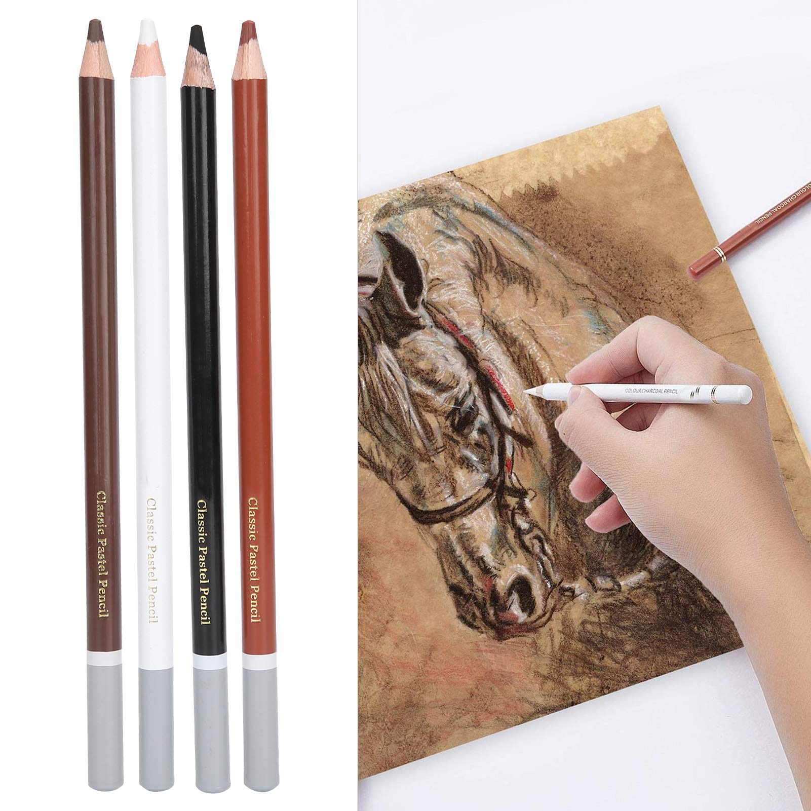Professional 4PCS Charcoal Pencils Drawing Set - Soft/Hard Charcoal, White & Color Pencils for Sketching, Shading, Blending - Perfect for Artists, Students & Sketchbook Drawing