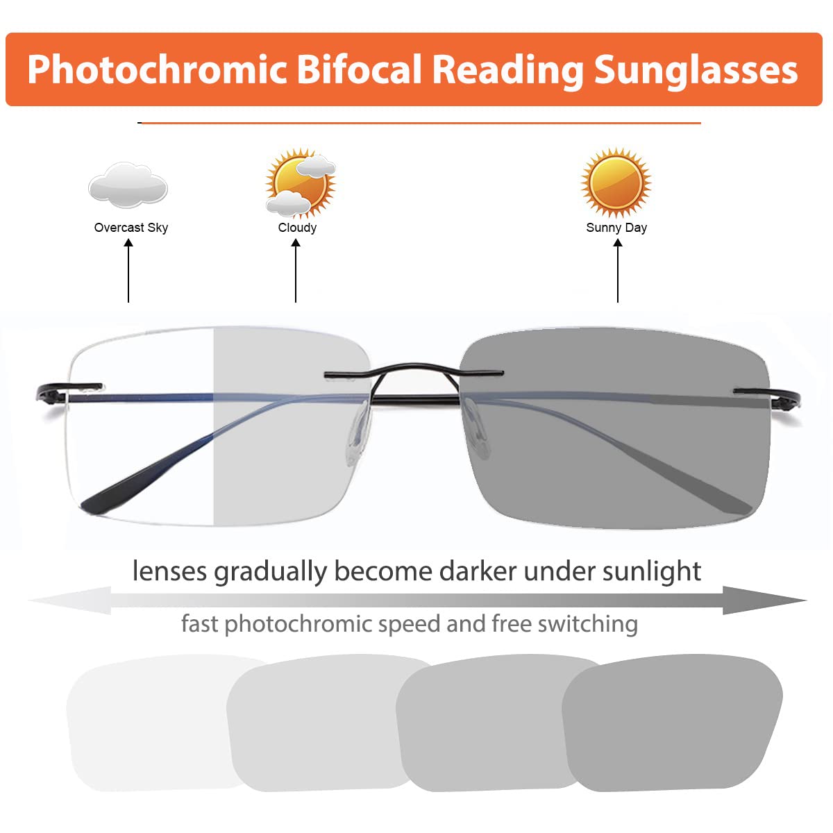 Photochromic Bifocal Reading Glasses - Anti Blue Light & Transition Sunglasses for Women & Men - Rimless Lightweight Sun Readers for Outdoor Reading & Computer Use