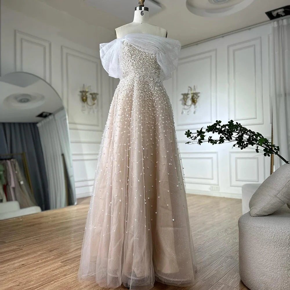 Elegant Blue Beaded Off-Shoulder A-Line Long Evening Gown for Women - Dubai Arabic Inspired Formal Dress LA72009A - Perfect for Weddings, Galas & Special Occasions