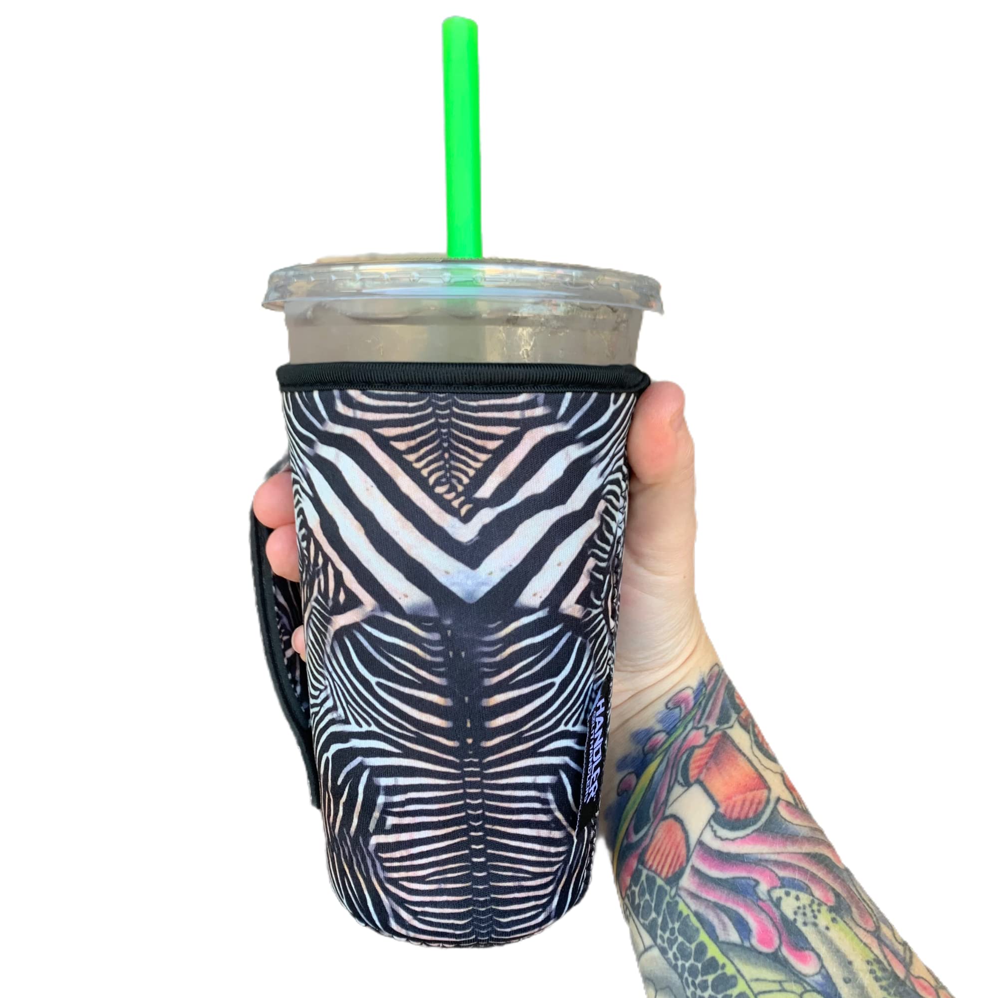 Lit Handlers 20-27 oz Insulated Tumbler Holder - Neoprene Coffee & Tea Sleeve with Handle & Pocket - Water Resistant Beverage Cover for Large to XL Tumblers & Shaker Bottles (Zebra Print) - Perfect for Travel, Office, Gym & Outdoor Activities