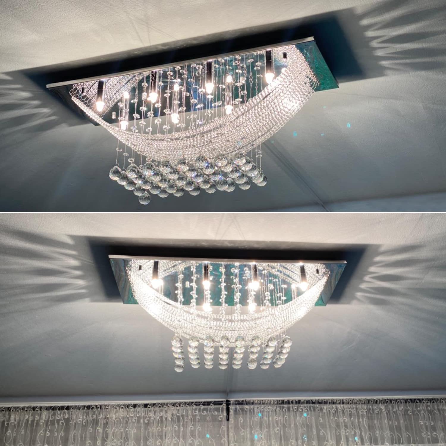 8-Light Silver Rectangle Crystal Raindrop Chandelier - Modern Flush Mount Ceiling Light Fixture for Living Room, Kitchen Island, Dining Room, Closet & Wedding Decor | Elegant Lighting Solution for Home & Event Spaces