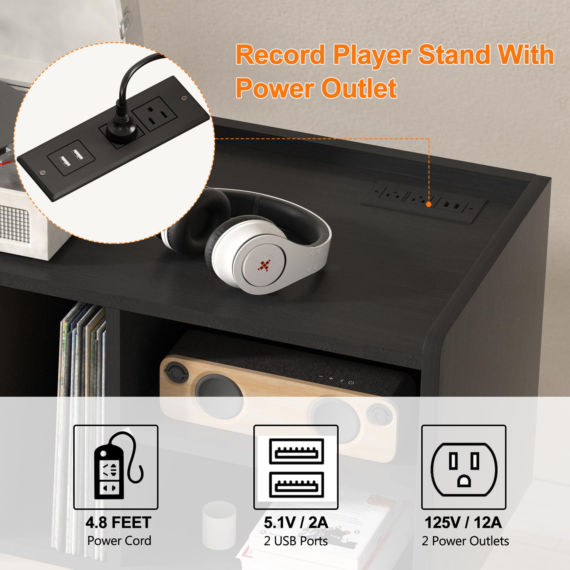 Forevich Large Vinyl Record Player Stand with Storage Cabinet - Holds 220+ Albums, Wooden Legs & Built-in Power Outlet - Turntable Shelf for Living Room, Home Theater & Music Studio (Black)