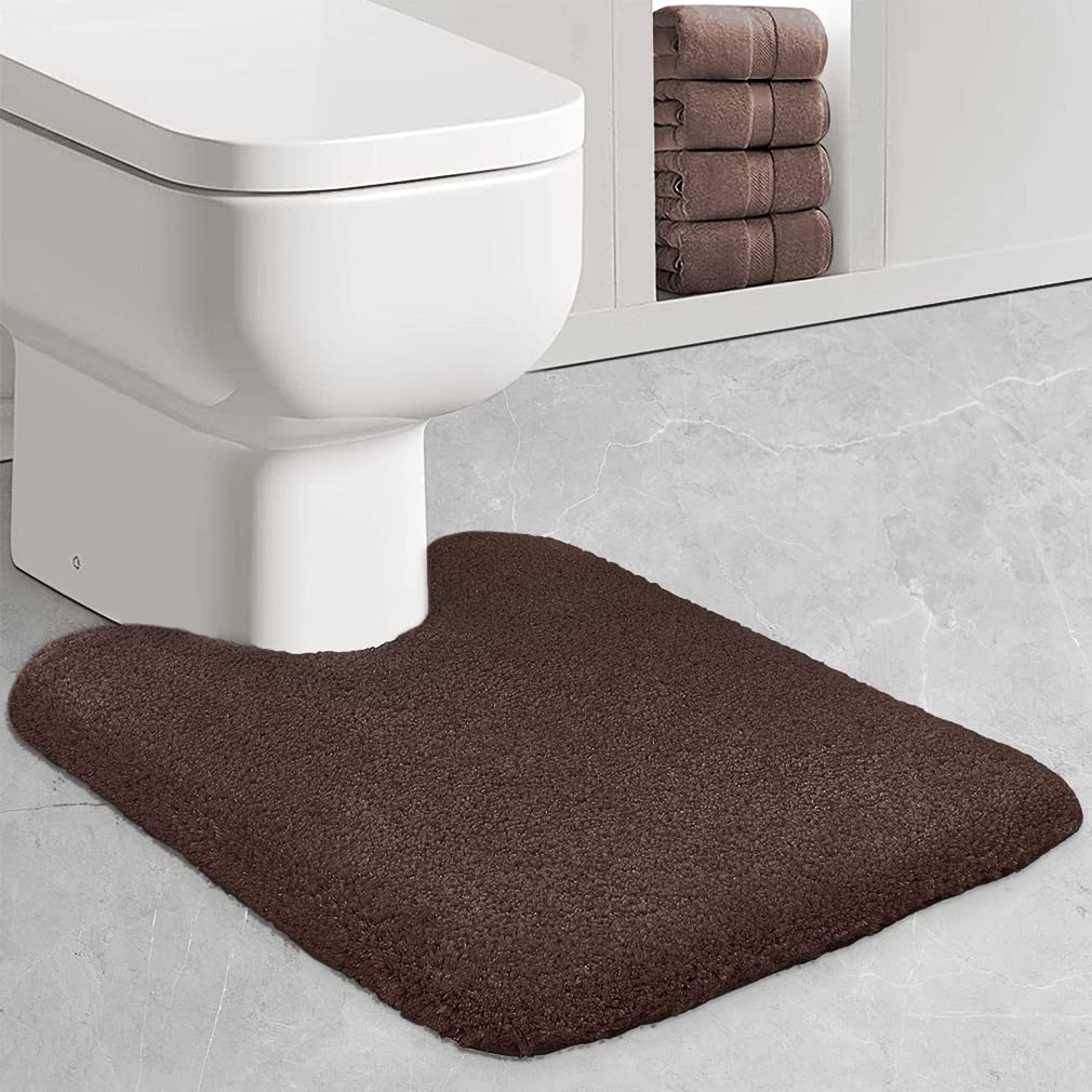 U-Shaped Non-Slip Shaggy Toilet Bath Rug - Soft Contour Bath Mat for Bathroom, Tub & Shower Floor - Machine Washable Chocolate Brown Carpet - Perfect for Bathroom Decor & Safety Accessories