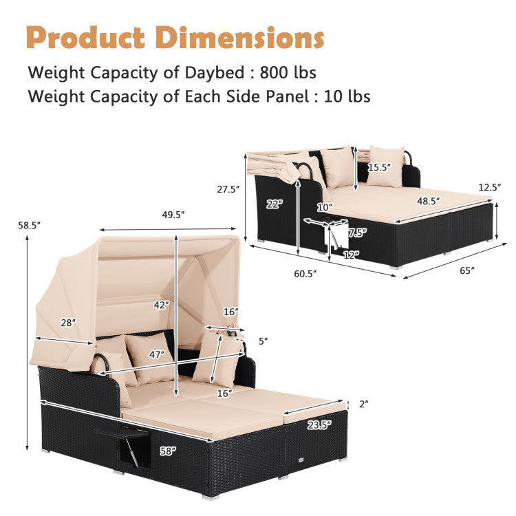 Costway Outdoor Patio Rattan Daybed with Retractable Canopy & Side Tables - Black - Perfect for Poolside Lounging, Garden Relaxation & Backyard Sunbathing