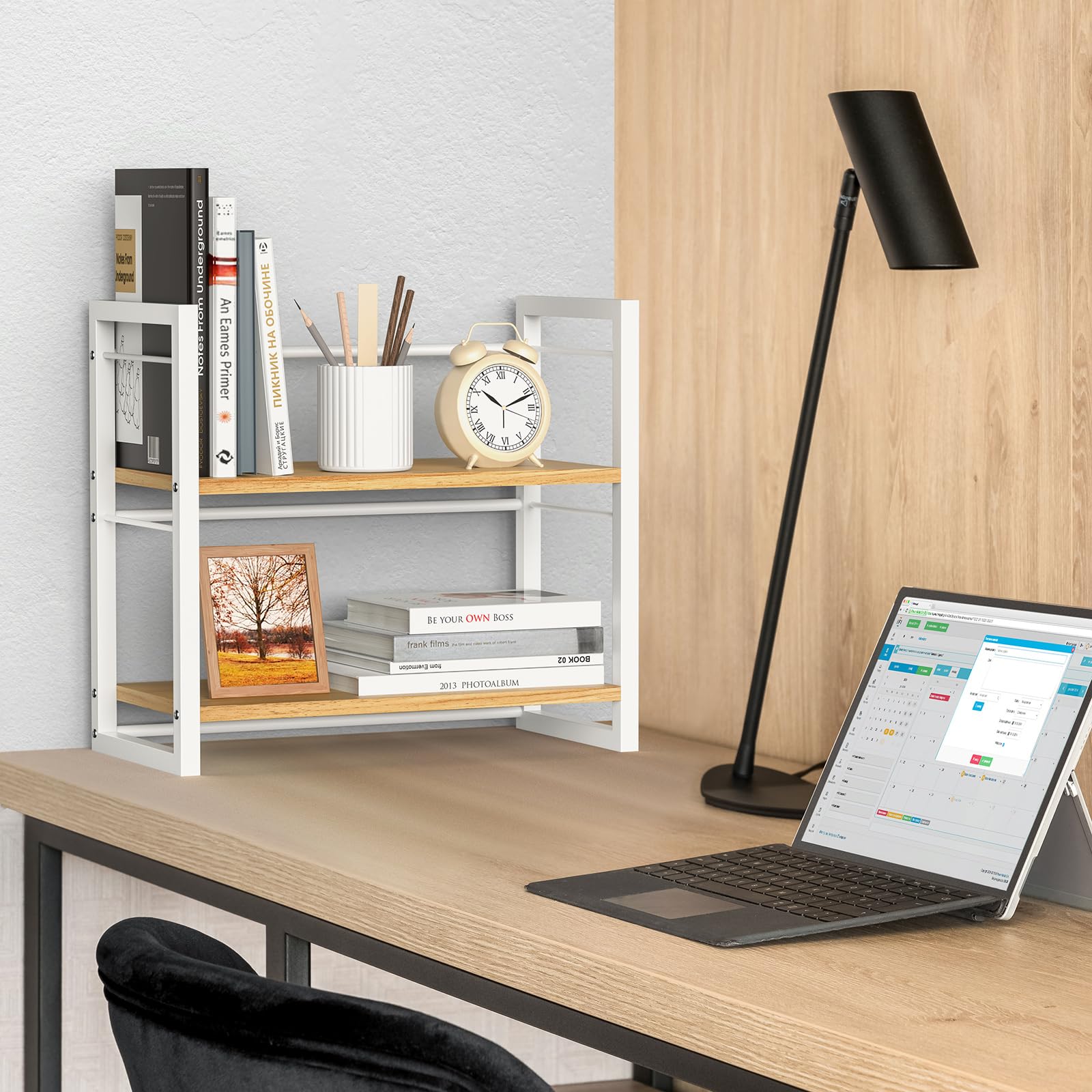 Wooden Office Desk Shelf Organizer - 2 Tier White Desktop Bookshelf & Storage Rack for Desk, Dresser - Perfect for Home Office, Study Room & Workspace Organization