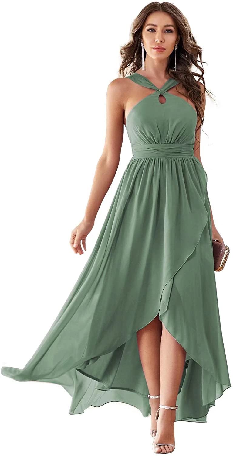 Elegant Women's Halter Bridesmaid Dress with Ruffle Pleats & High-Low Hem - Summer Beach Party Evening Gown with Pockets | Perfect for Weddings, Bridal Showers & Cocktail Parties