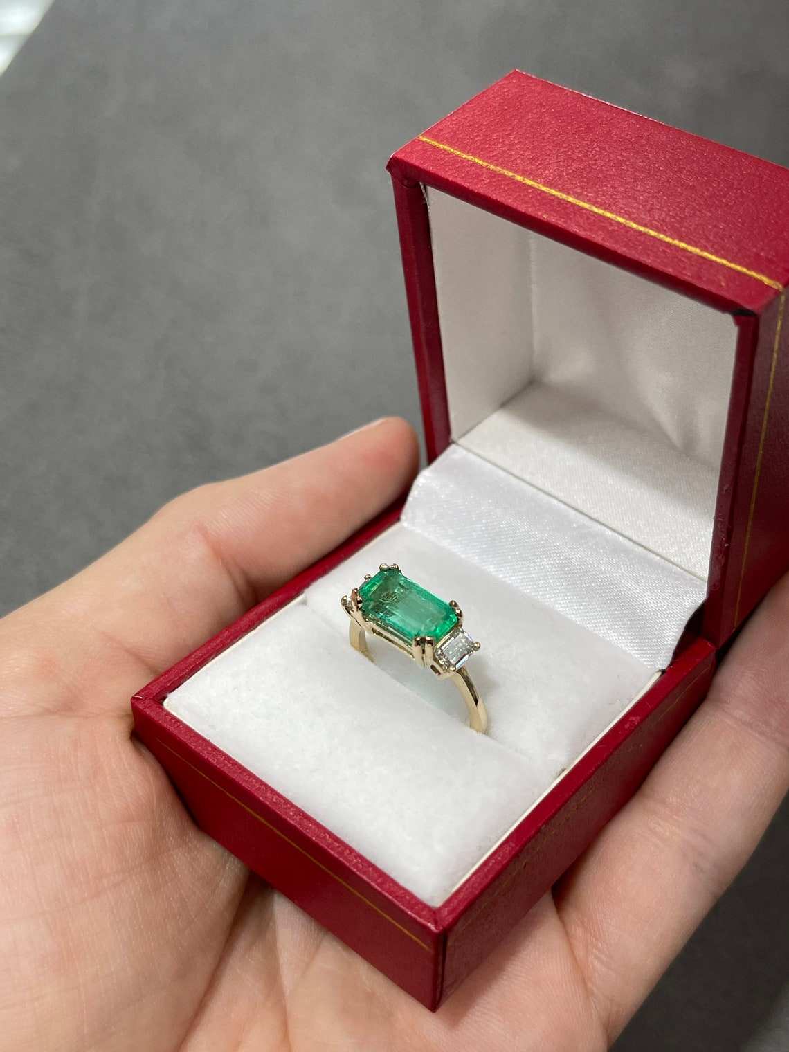 3.64 TCW Three Stone Emerald & Emerald Cut Diamond Engagement Ring in 14K Gold - Perfect for Proposals, Anniversaries & Special Occasions