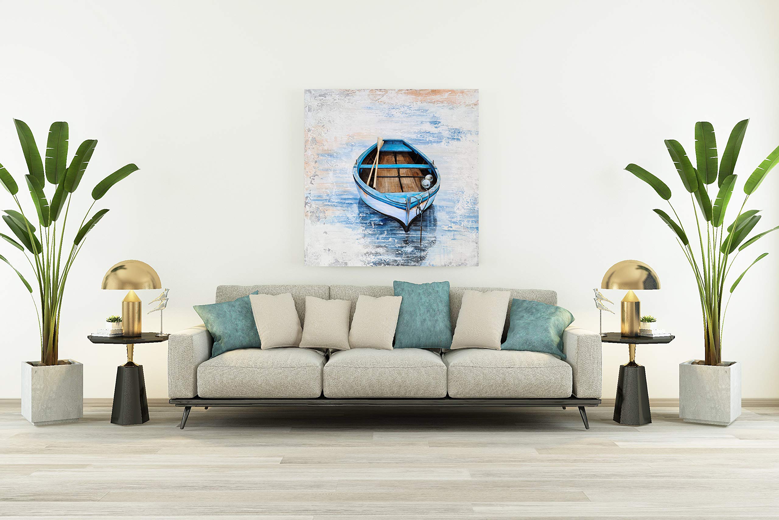 Hand Painted Coastal Sailing Boat Canvas Wall Art - Modern Abstract Nautical Painting in Light Blue - Square Wall Decor for Living Room, Bedroom & Bathroom - Perfect for Beach House, Office or Seaside Themed Spaces