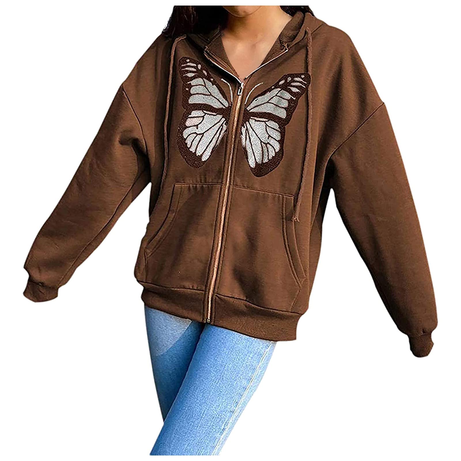 Trendy Y2K Women's Oversized Zip Up Hoodie with Drawstring & Pockets - Loose Long Sleeve Streetwear Sweatshirt for Casual Outfits, E-Girl Fashion & Winter Layering