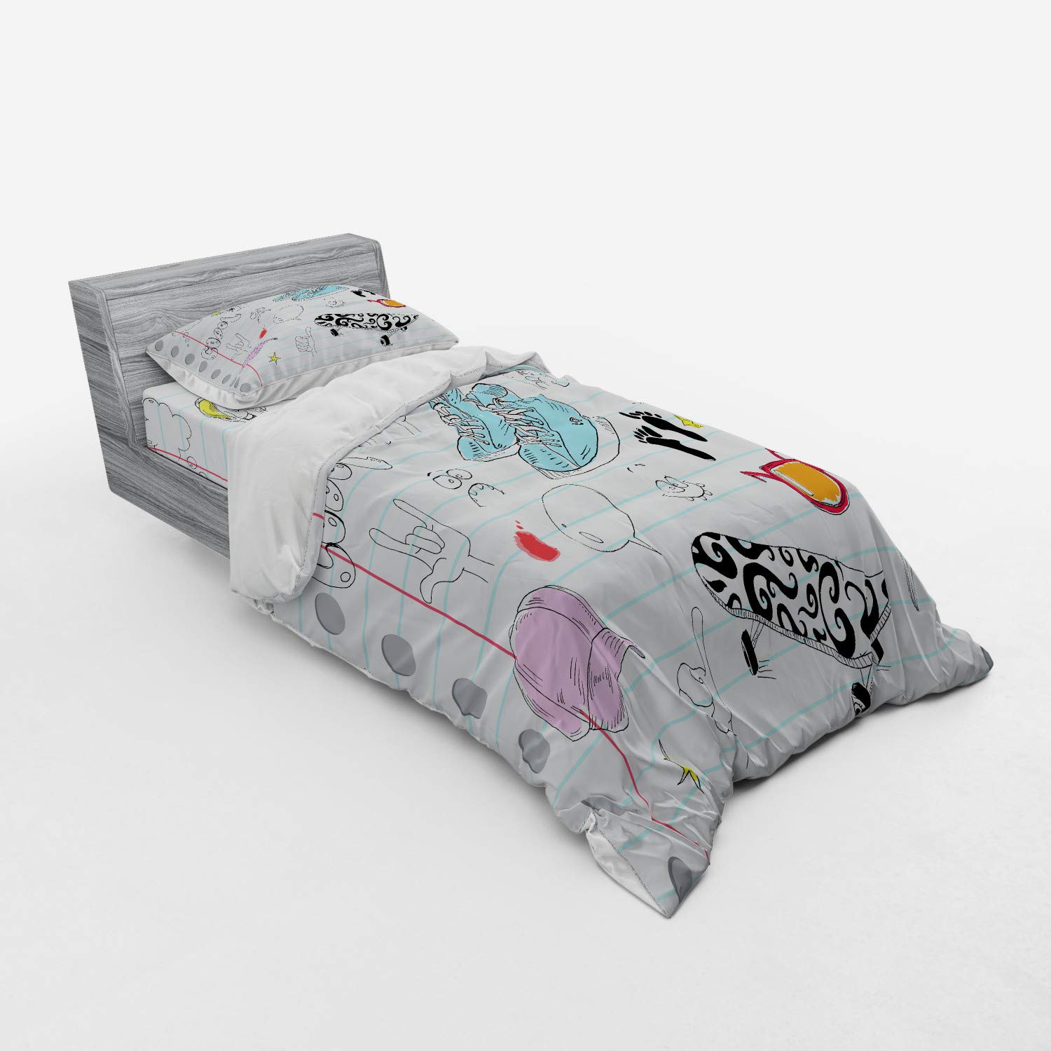 Ambesonne Hipster Duvet Cover Set 3-Piece - Funky Notebook Design with Skateboard & Shooting Star Patterns - Twin Size Black Pale Blue Ginger Bedding Set with Sham & Fitted Sheet - Perfect for Teen Rooms, College Dorms & Bohemian Bedrooms