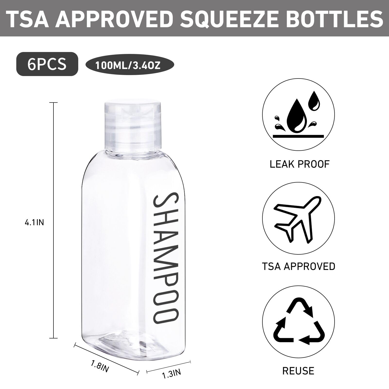 6-Pack 3.4oz/100ml TSA Approved Leak Proof Travel Bottles for Toiletries - Clear Plastic Squeeze Bottles with Flip Cap for Shampoo, Lotion & Cosmetics | Perfect for Air Travel, Gym & Vacation Essentials