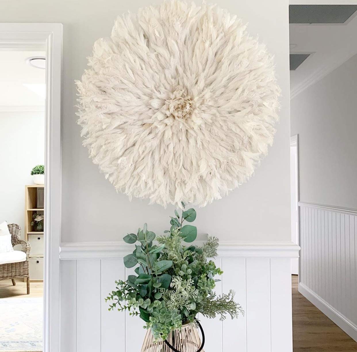 White Juju Hat - Boho Home Decor & African Wall Art, 29-31 Inch Large Bamileke Juju Hat for Living Room, Bedroom, or Wedding Decor