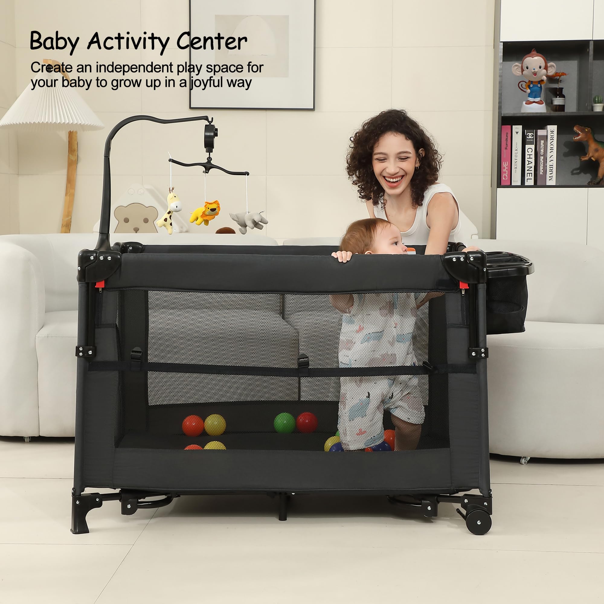5-in-1 Baby Playard with Bassinet & Changing Table - Foldable Travel Crib for Newborn to Toddler - Portable Bedside Sleeper & Playpen (Black) - Perfect for Nursery, Travel & On-the-Go Parenting