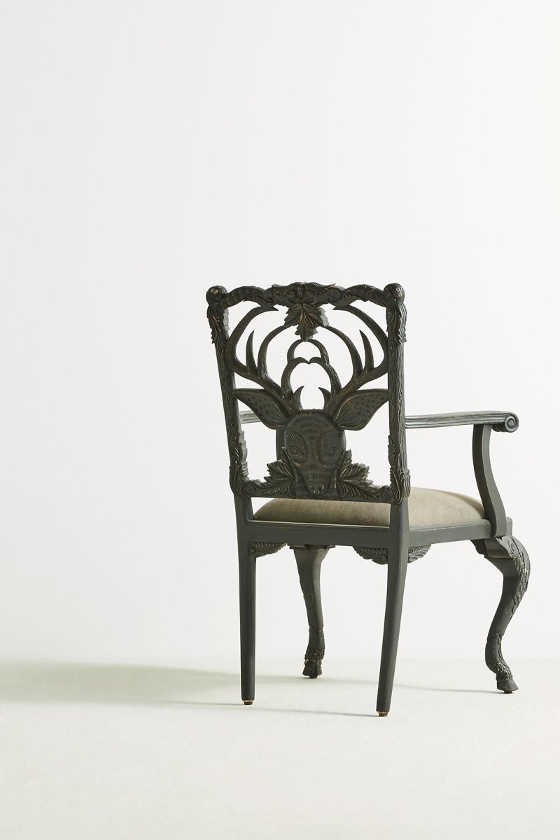 Hand Carved Black Menagerie Deer Armchair - Handmade Solid Wood Dining Chair with High Back Support | Rustic Home Decor, Farmhouse Dining Room, Lodge Living Room Furniture