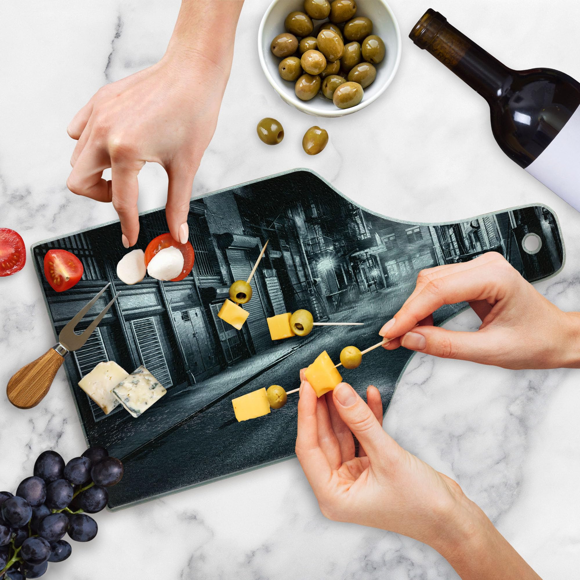 Ambesonne Black and White Wine Bottle Shaped Tempered Glass Cutting Board - Moody Monochrome Cortlandt Alley NYC Chinatown Urban Scenery - Decorative Serving Board for Cheese, Charcuterie & Wine Pairing - Perfect for Dinner Parties, Gifts & Kitchen Decor