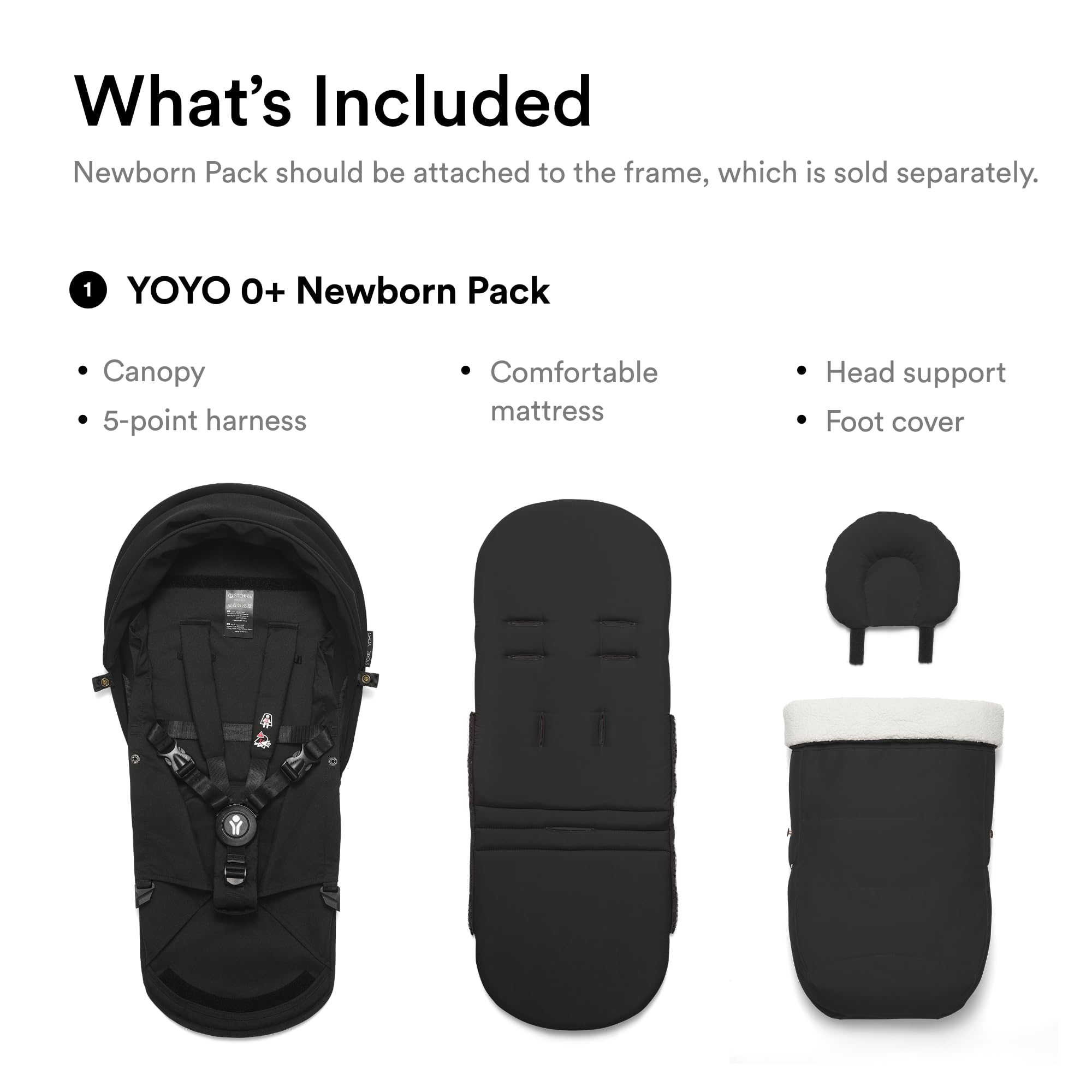 Stokke YOYO 0+ Newborn Baby Stroller Pack in Black - Includes Comfort Mattress, Adjustable Canopy & Secure 5-Point Harness - Compatible with YOYO3 Frame (Sold Separately) | Perfect for Newborns, Travel & Everyday Use