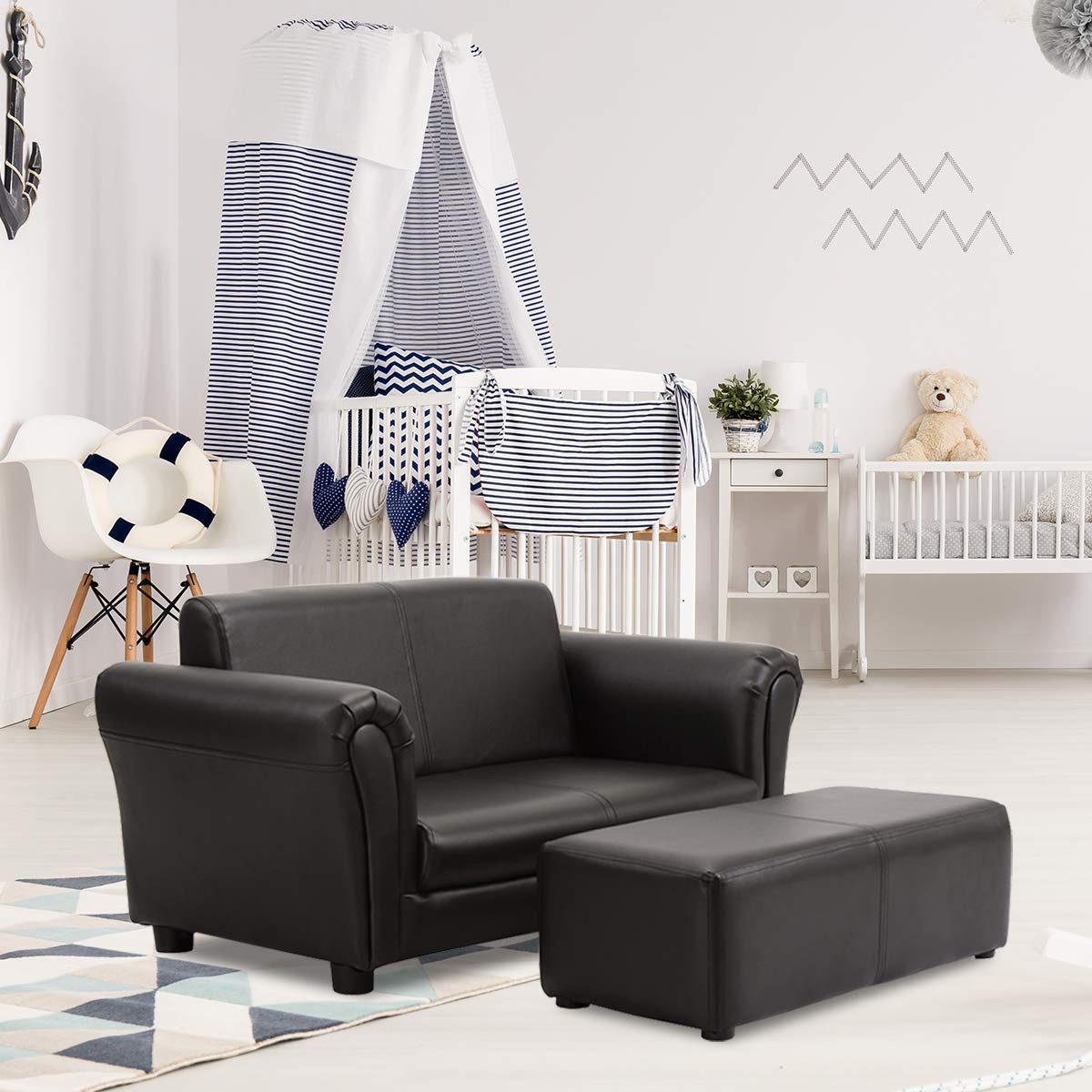 Costzon 2-in-1 Kids Couch with Footstool - Double Seat Children's Sofa with PU Leather Surface, Armrest Chair Lounge - Soft Toddler Sofa for Boys & Girls - Perfect for Preschool Bedroom, Playroom & Birthday Gifts (Black)