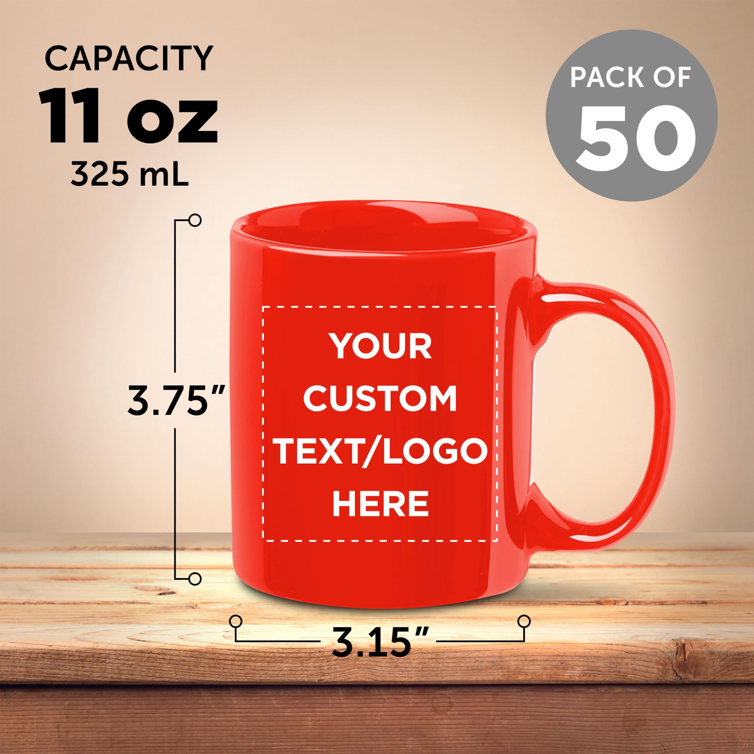 Custom 11 oz Ceramic Coffee Mugs Bulk Set of 50 - Personalized Coffee Cups for Hot & Iced Drinks, Gaming, Office & Home Use - Red