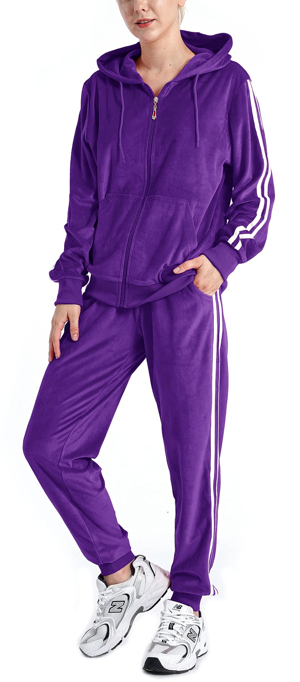 LeeHanTon Women's Velour Tracksuit Set - Striped Athletic Zip Up Hoodie & Sweatpants Outfit | Gym Wear, Lounge Set, Casual Streetwear