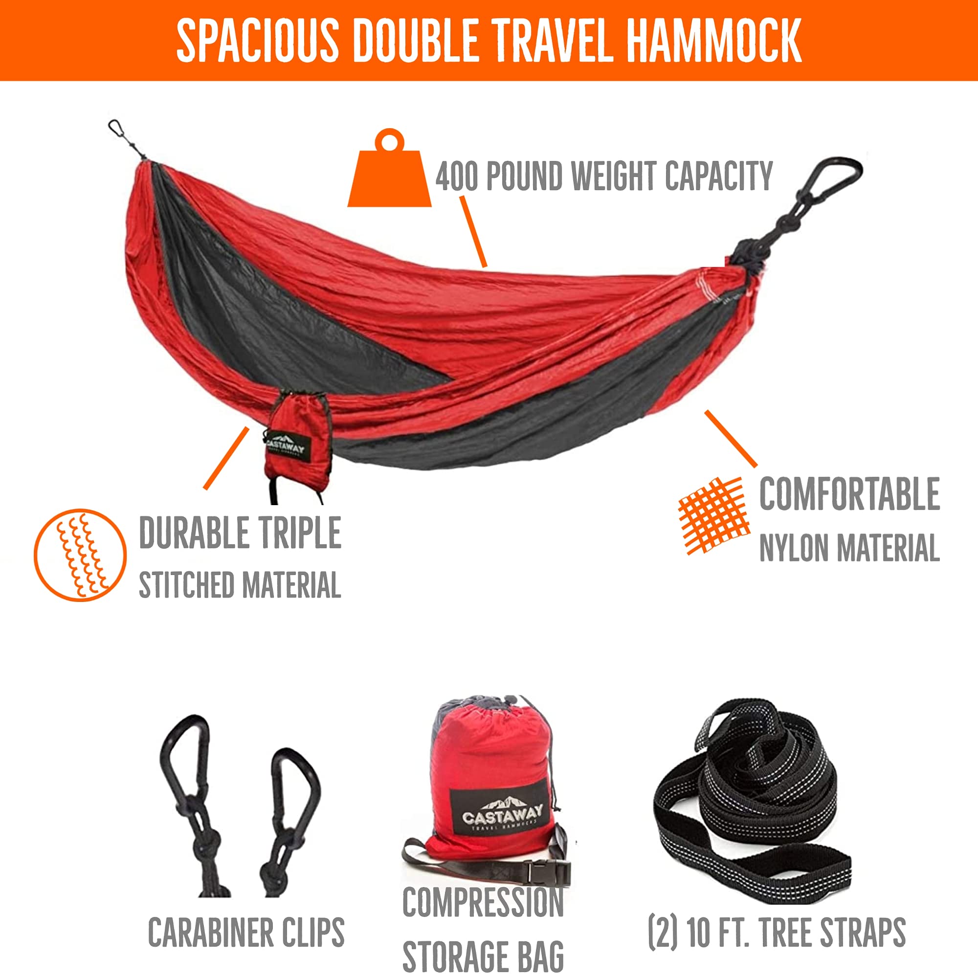Castaway Living Portable Camping Hammock with Space-Saving Stand & Carry Bag - 400 LB Capacity (Red/Charcoal) - Perfect for Backpacking, Beach Trips & Backyard Relaxation