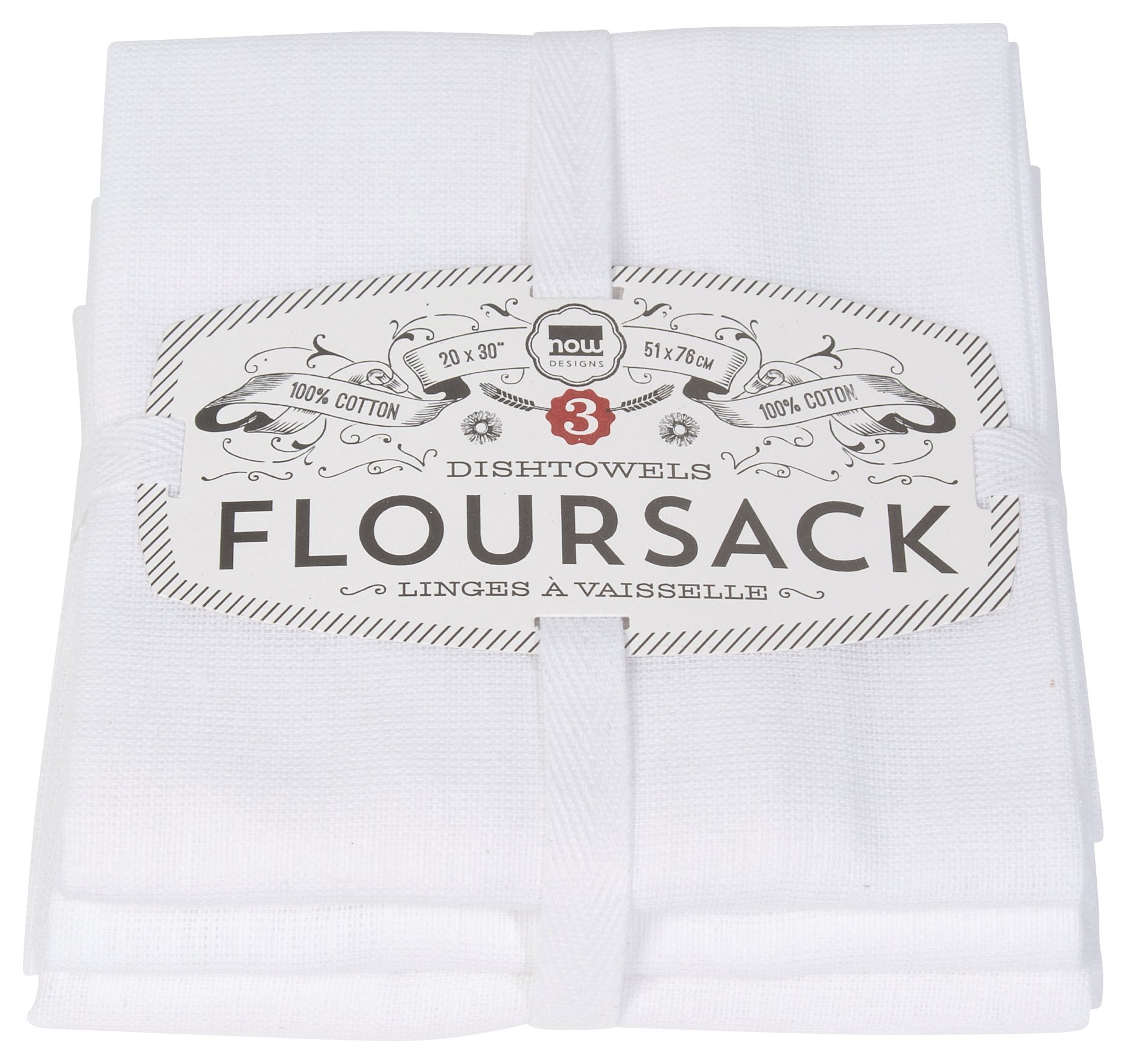 Now Designs Classic Floursack Kitchen Towels - 3-Pack White Cotton Dish Towels for Drying Dishes, Cleaning & Kitchen Decor