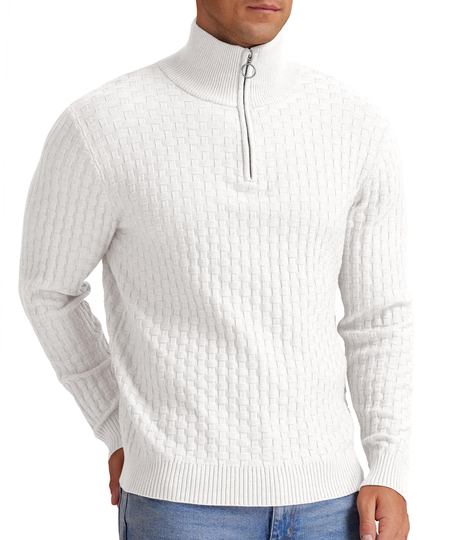 Askdeer Men's Quarter Zip Waffle Knit Sweater - Mock Neck Polo Pullover with Ribbed Edge - Casual Winter Wear for Office, Outdoor & Travel