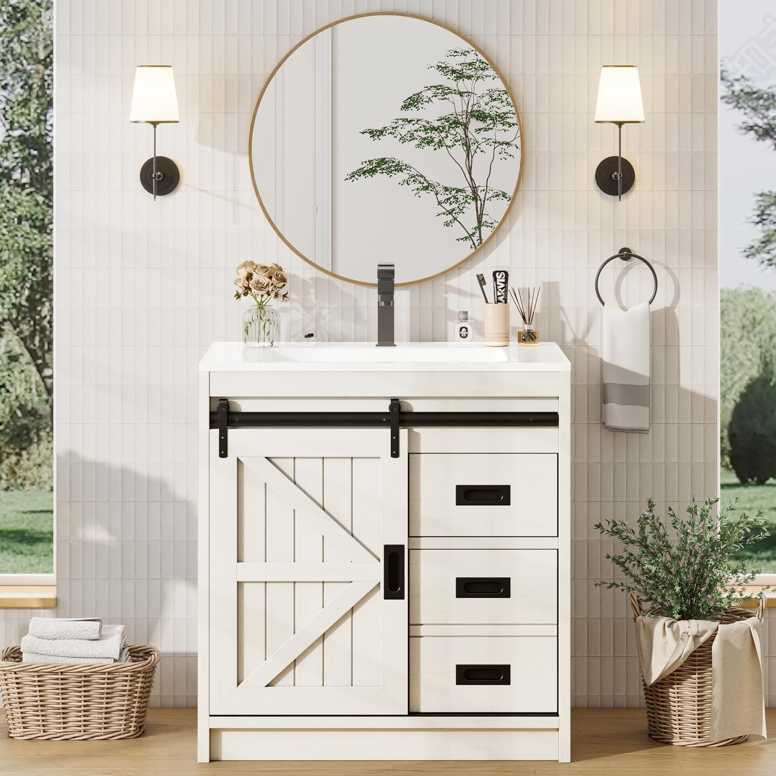 AMERLIFE 31in Farmhouse Bathroom Vanity with Sink - Sliding Barn Door Vanity Cabinet Set with Storage Drawers & Metal Handles - Small Single Bathroom Vanity in Antique White - Perfect for Rustic, Vintage & Country Style Bathrooms