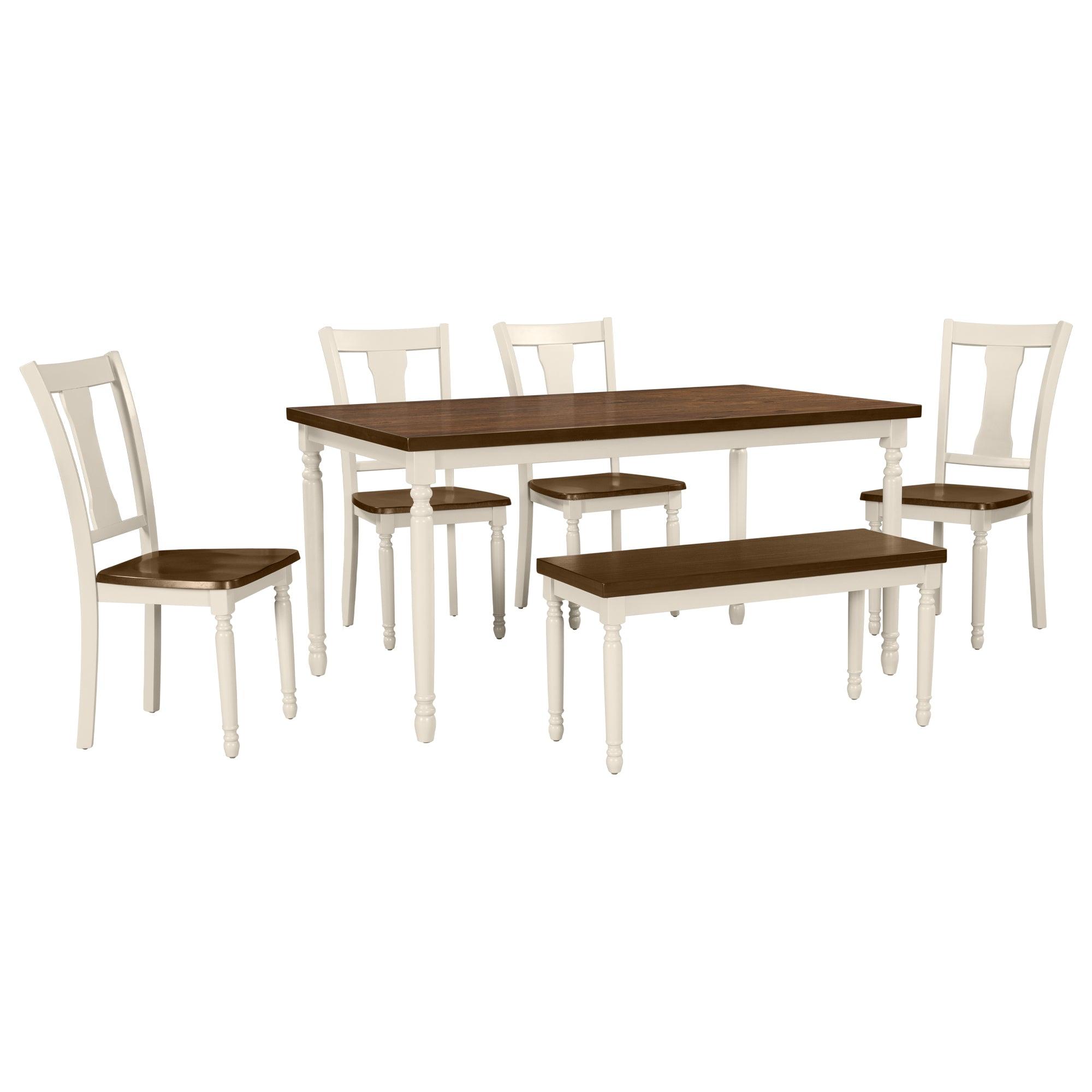 Classic 6-Piece Wooden Dining Set with Table, 4 Chairs & Bench for Kitchen & Dining Room - Brown & Cottage White | Perfect for Family Meals, Entertaining Guests & Small Space Dining