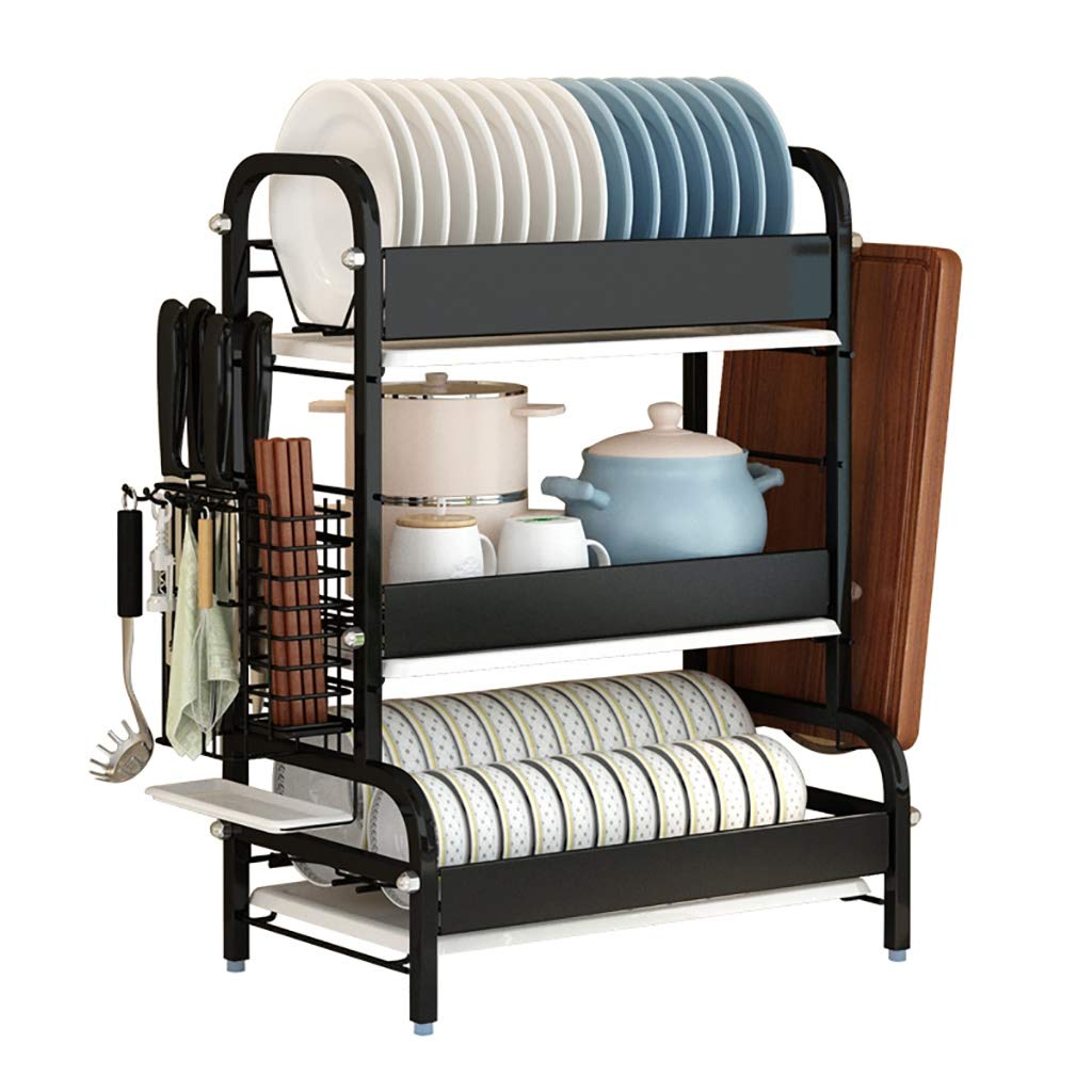 3-Tier Stainless Steel Dish Drying Rack with Removable Drain Board - Space Saving Kitchen Counter Organizer with Non-Slip Feet, Utensil & Cutting Board Holders - Perfect for Small Kitchens, Apartments & RV Use (Black)