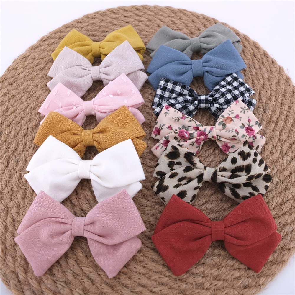 12 PCS Linen Bow Hair Clips for Baby Girls - Alligator Clips Hair Accessories for Infants & Toddlers (3.5'' Classic Bow) - Perfect for Parties, Photos & Daily Hair Styling