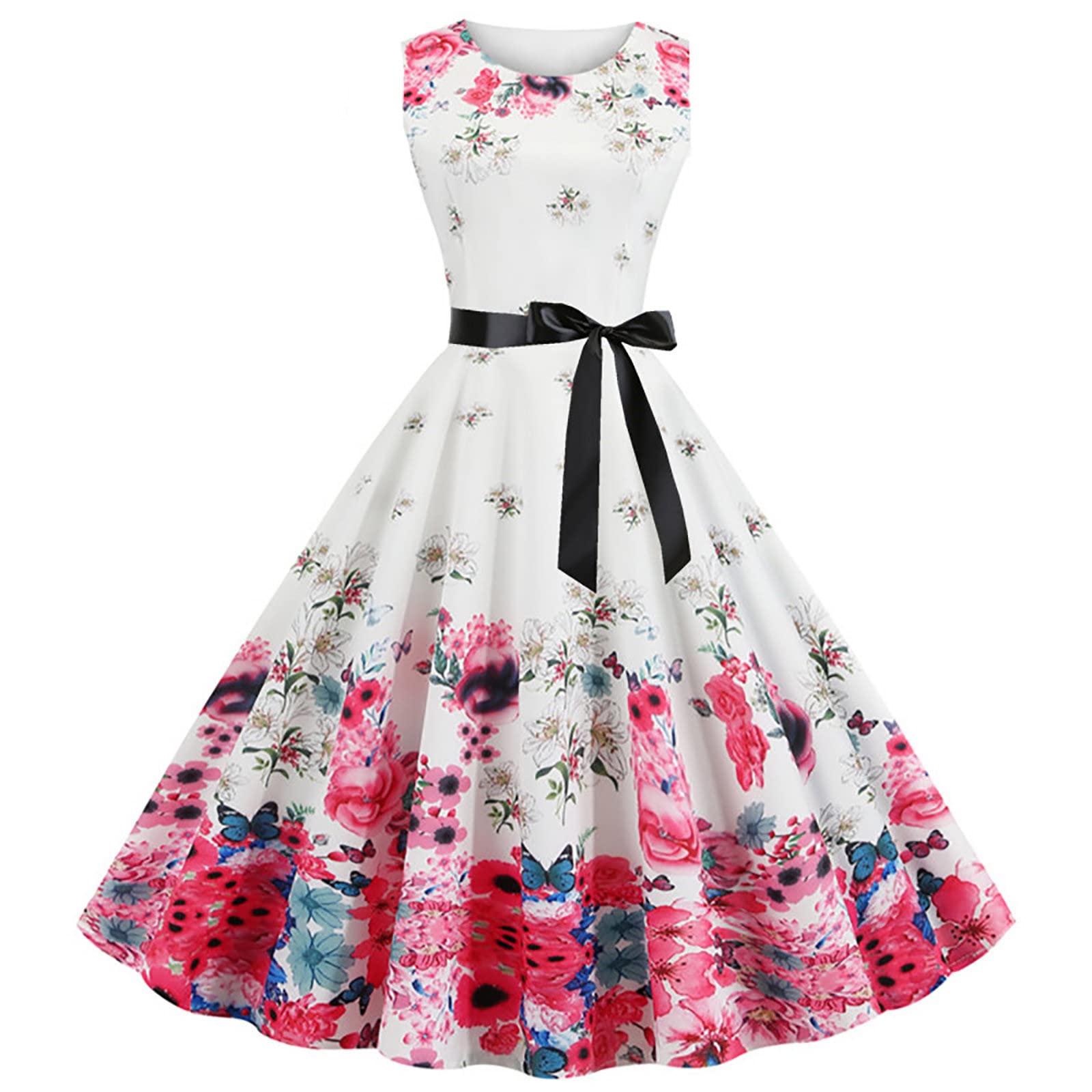 Women's Floral Print Sleeveless Swing Dress - Summer Casual Crewneck Tank Dress for Beach, Vacation & Outdoor Activities