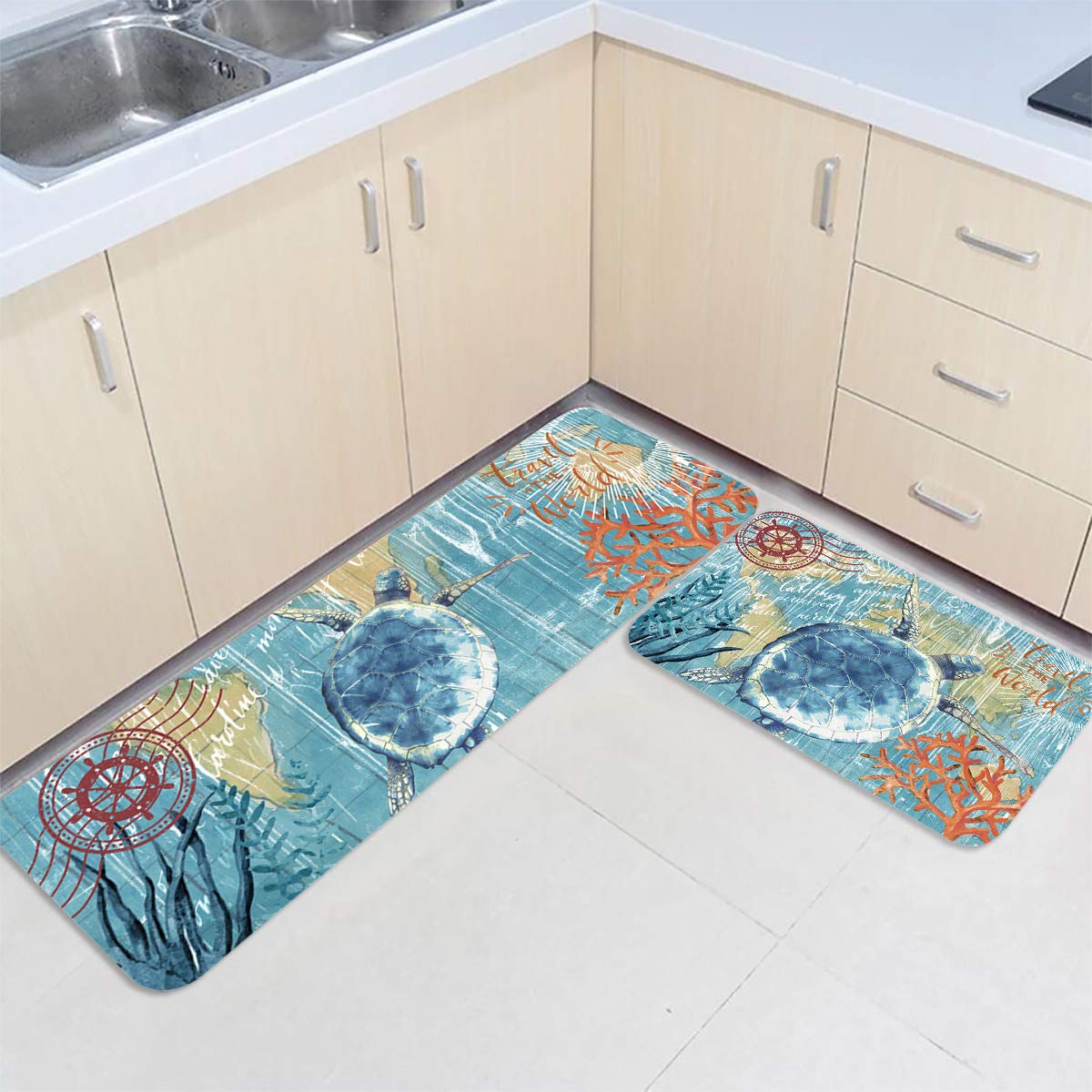 Premium Anti-Fatigue Kitchen Mat Set of 2 - Non-Slip Nautical Sea Turtle Design Floor Mats for Kitchen, Sink, Laundry & Home Office - Comfortable & Durable Ocean Animal Theme Rugs - Perfect for Cooking, Cleaning & Standing Long Hours