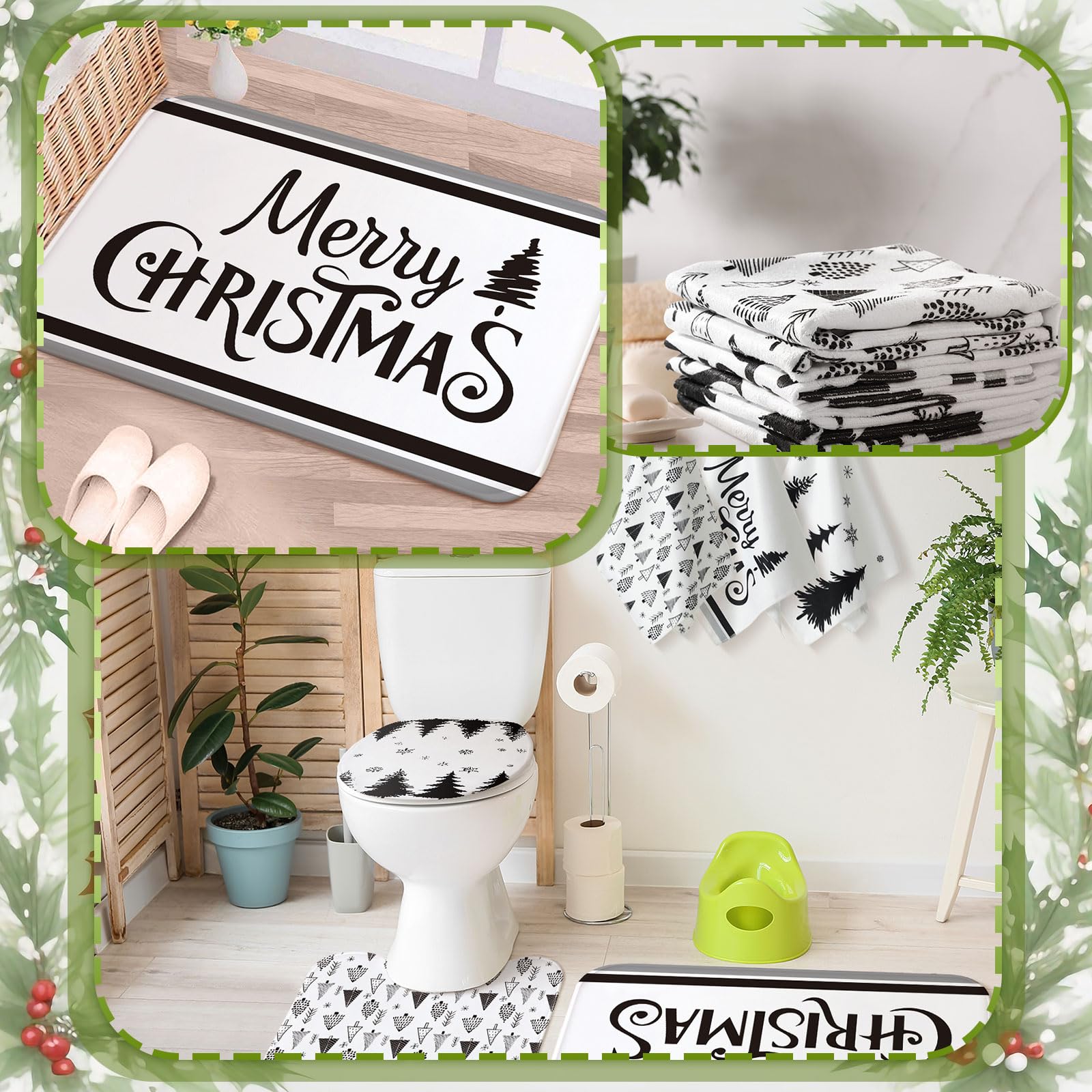 Newwiee 7-Piece Christmas Bathroom Set - Xmas Shower Curtain, Non-Slip U-Shape Rug, Toilet Lid Cover, Bath Mat & 3 Washcloths - Holiday Bathroom Decor for Christmas (Tree Design) - Perfect for Festive Home Decor & Gift Giving