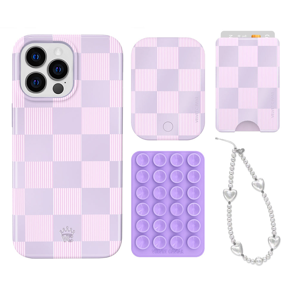 Lilac Vibe Checkered iPhone Case with Wallet - Trendy Protective Phone Cover for iPhone 13/14/15 Pro Max - Perfect for Everyday Use, Travel & Shopping