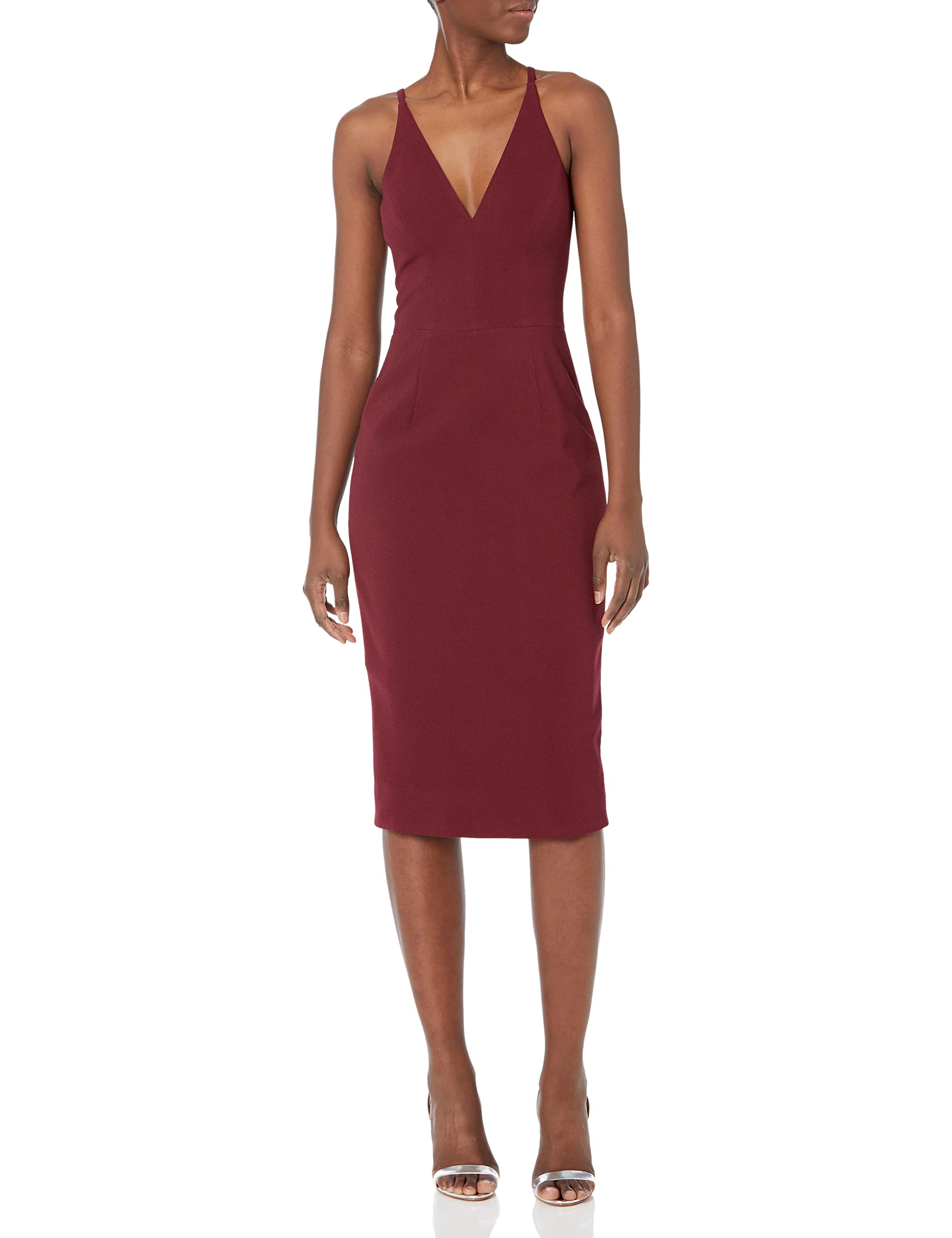 Dress the Population Women's Lyla Plunging Neckline Sleeveless Fitted Midi Sheath Dress - Perfect for Cocktail Parties, Weddings & Evening Events