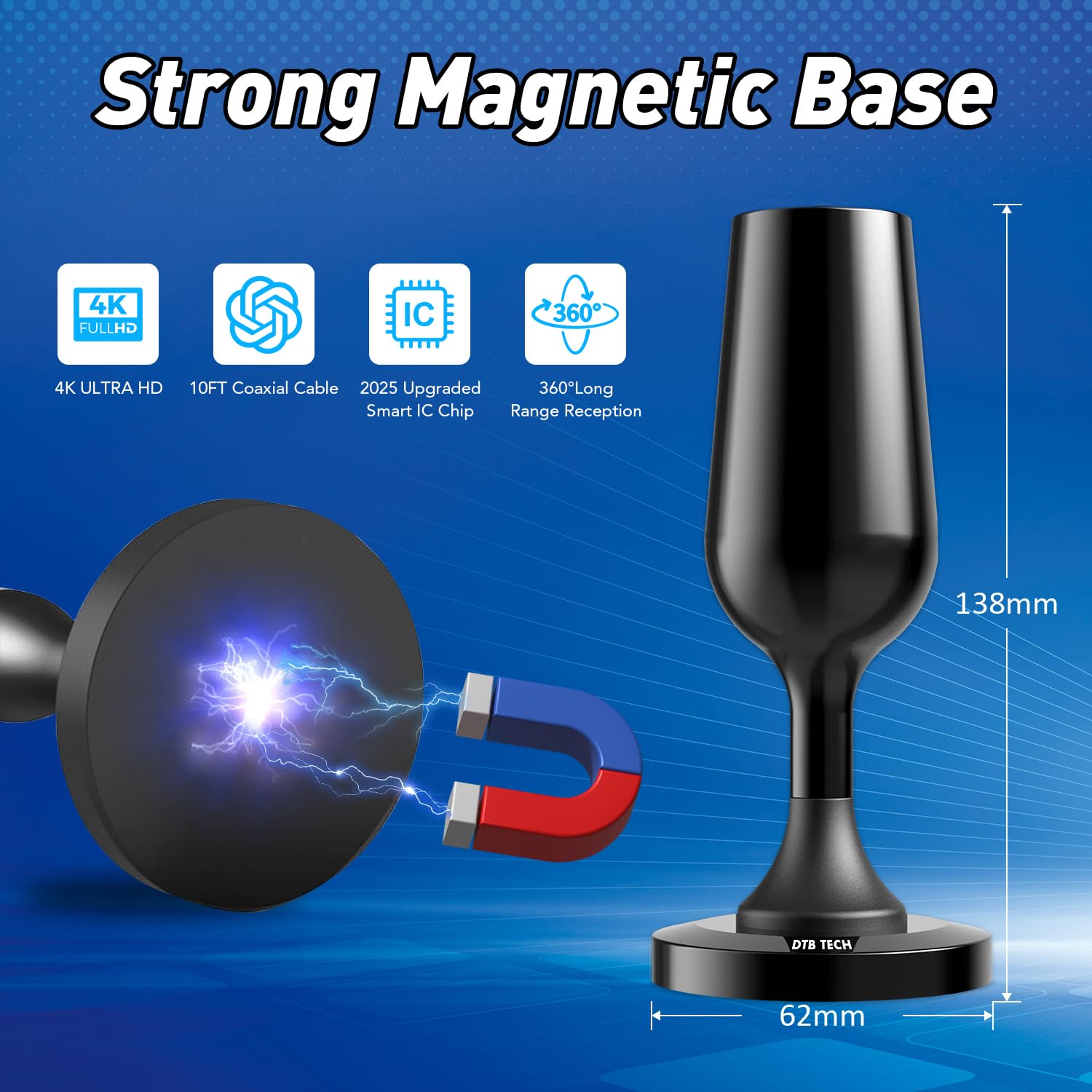 2025 Digital TV Antenna Indoor for Smart TV - 250+ Miles Long Range Reception with Strong Magnetic Base - Supports 4K 1080P Local Channels - Includes 10FT Coax Cable - Perfect for Home, Apartment, RV & Office Use