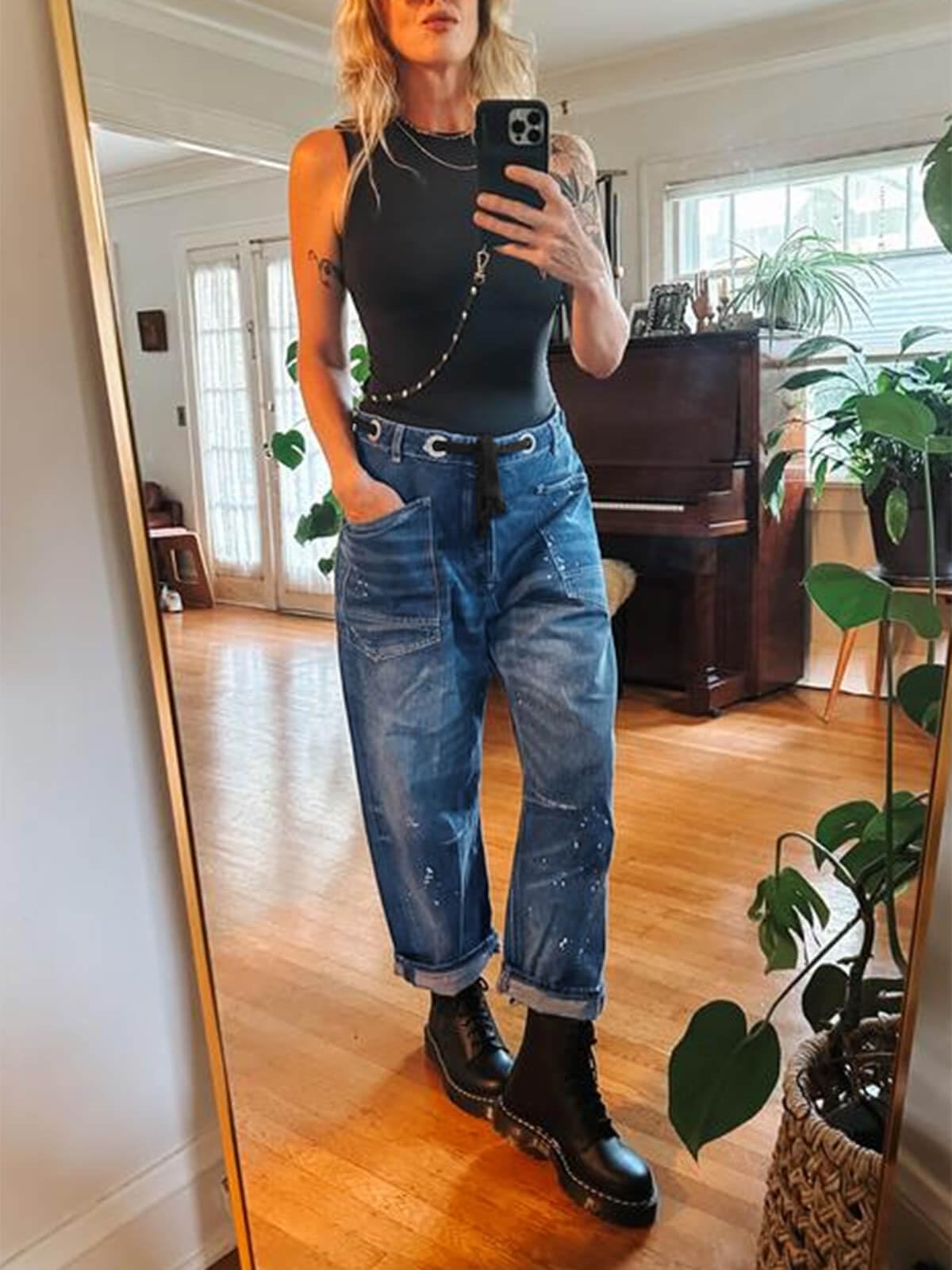 Cicy Bell Women's Vintage High Waisted Baggy Barrel Horseshoe Jeans - Wide Leg Distressed Denim Pants with Drawstring Waist & Front Pockets | Retro 90s Style for Casual Outfits, Streetwear & Boho Fashion