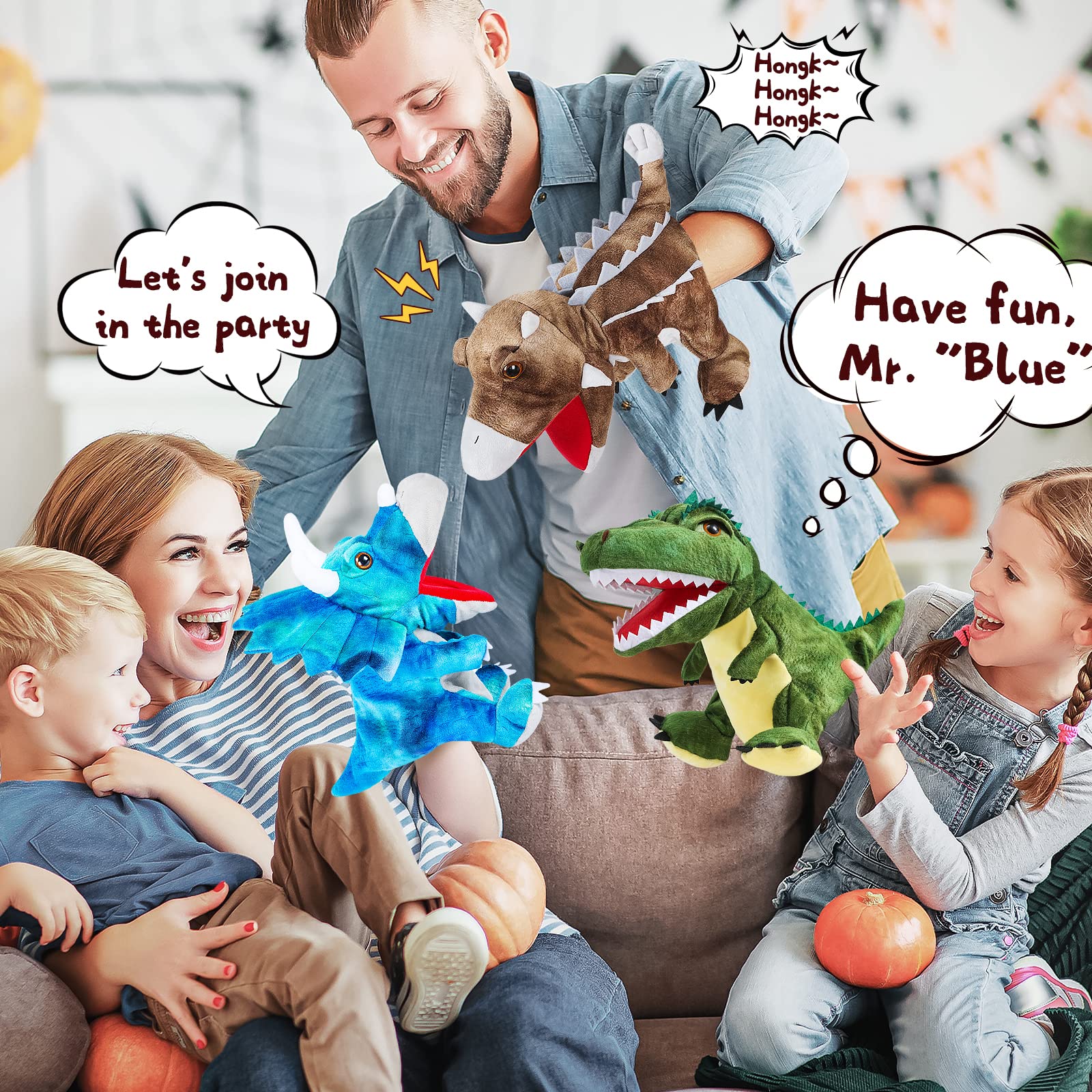 3Pcs Dinosaur Plush Toys - Soft Stuffed Animal Hand Puppets for Kids Ages 4-8, Interactive Role Play Toys for Boys & Girls - Perfect for Storytelling, Pretend Play & Birthday Gifts